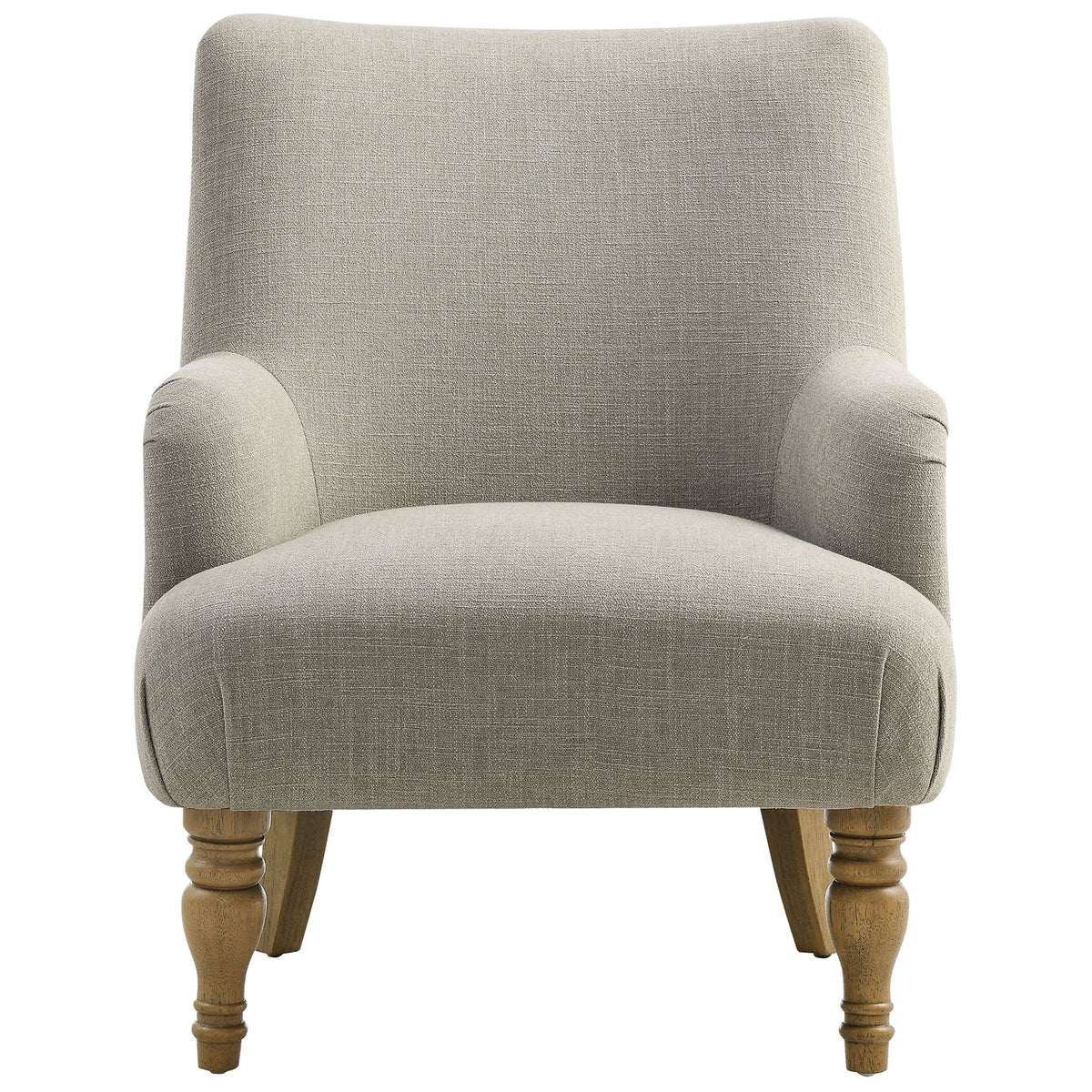 High-back accent chair with slub-weave upholstery, French piping, and turned wood legs || EEI-7057-LIN || front_studio