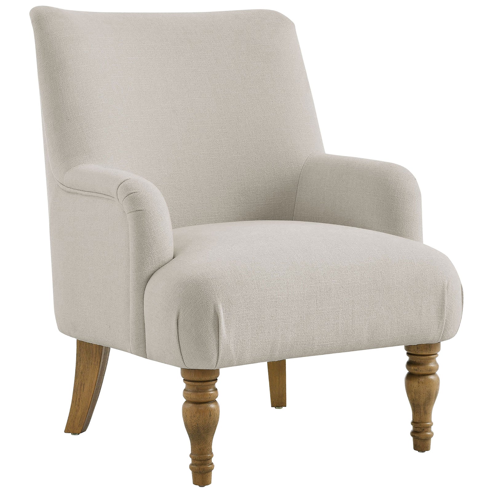 Slub weave upholstery with refined piping and turned wood legs elevates this cozy accent chair. || EEI-7057-SAL || front_angle_studio