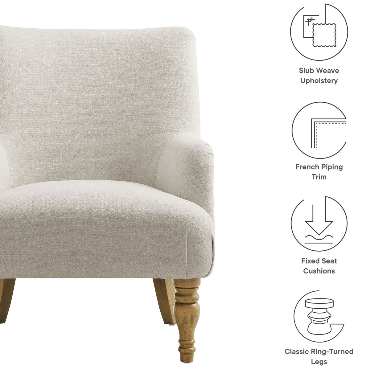 Feature highlights: slub weave upholstery, French piping, fixed seat, and classic turned legs. || EEI-7057-SAL || callout_studio