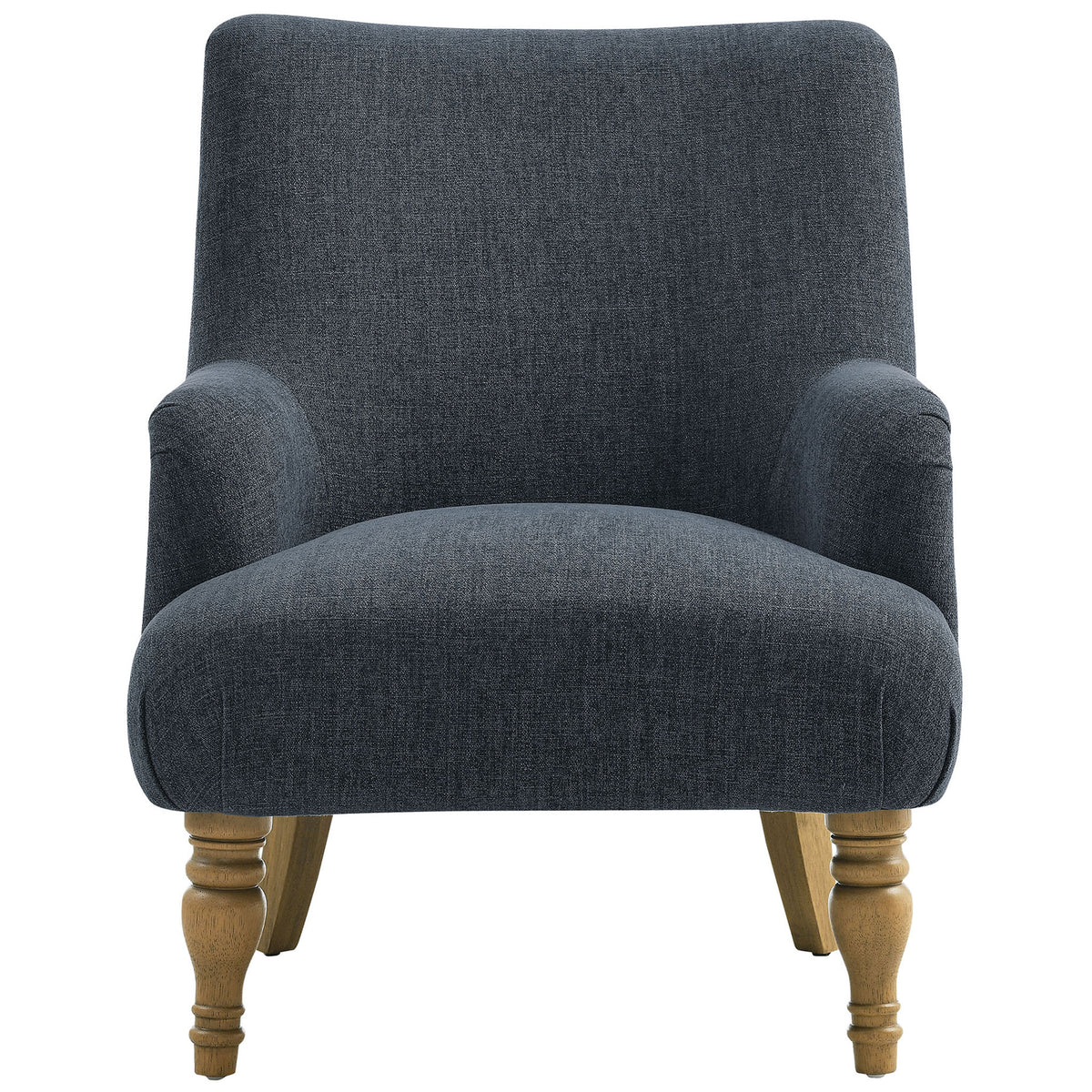 Slate blue accent armchair with a high back, French piping, and turned wood legs || EEI-7057-SLB || front_studio