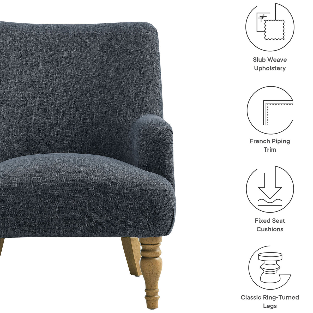 Key features include slub weave fabric, French piping, fixed seat, and classic turned legs || EEI-7057-SLB || callout_studio