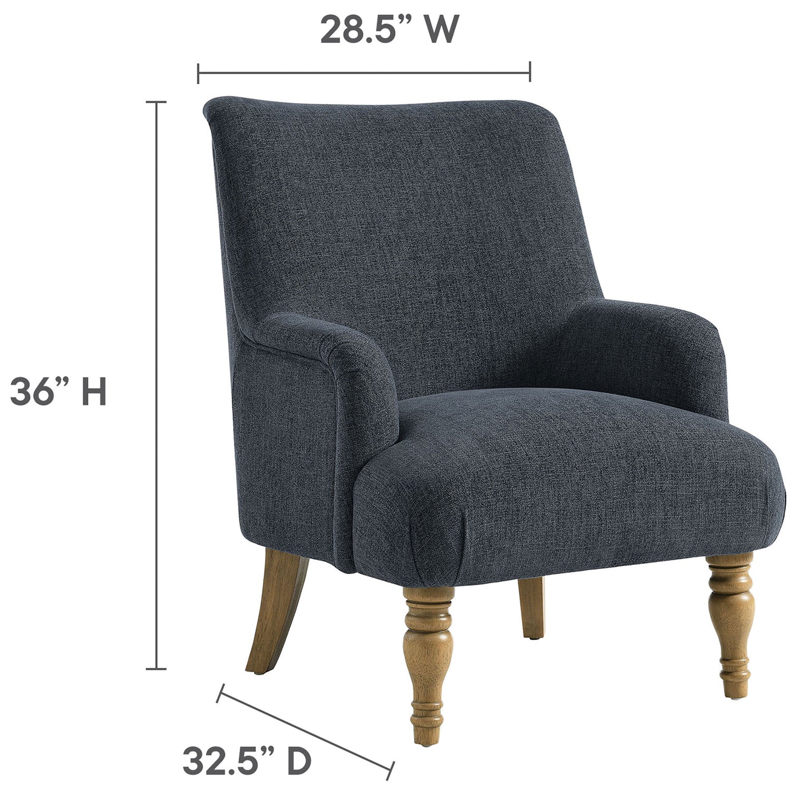 Dimensions shown for the Ellington armchair: 28.5 in. W x 32.5 in. D x 36 in. H || EEI-7057-SLB || dimension_studio