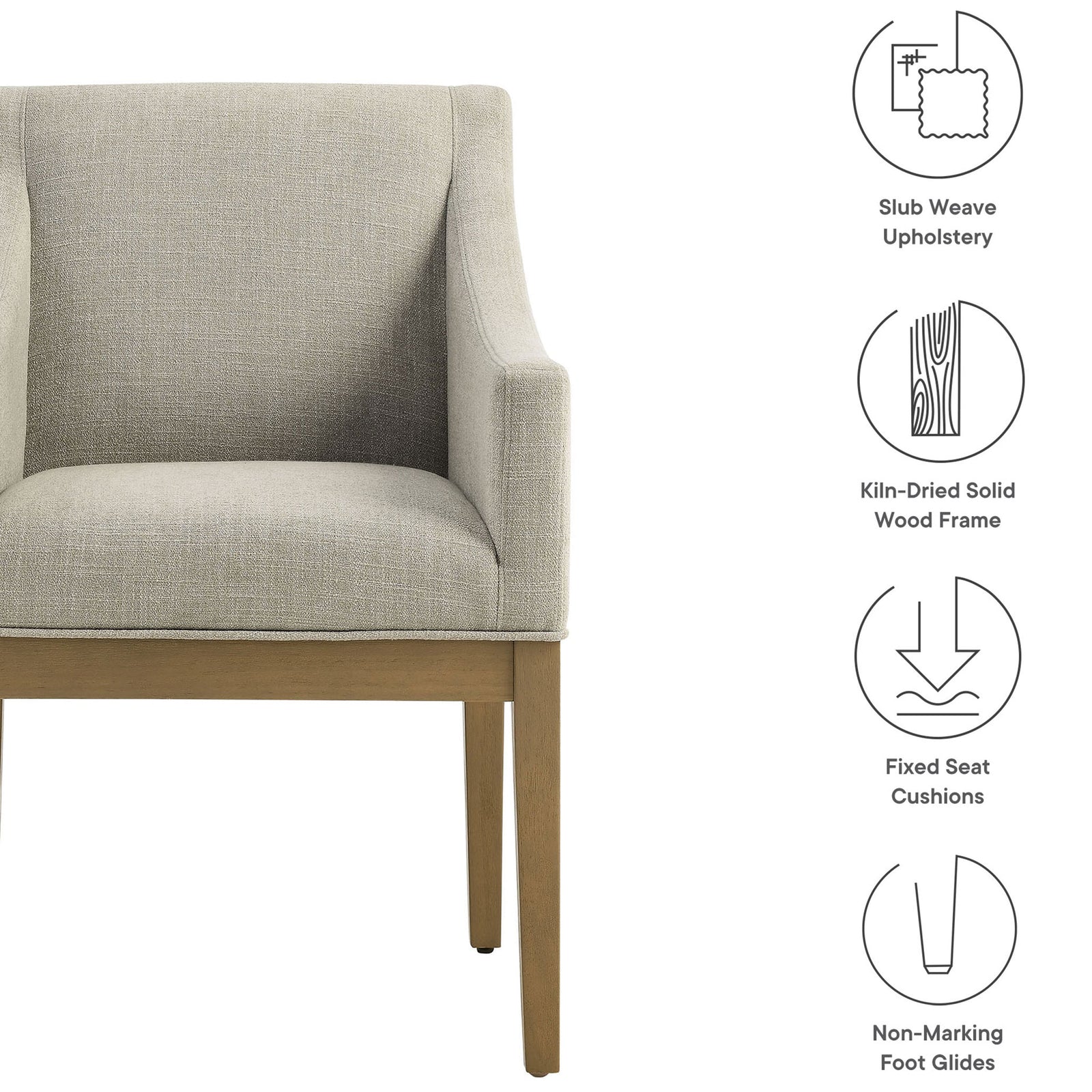 Feature highlights of the Alton dining armchair including slub weave fabric, solid wood frame, and fixed seat cushion || EEI-7058-LIN-NAT || callout_studio