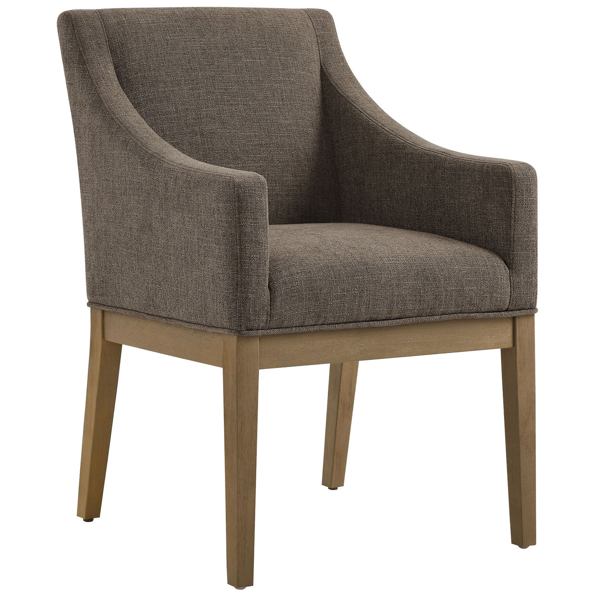 Modern upholstered dining armchair with sloped arms, box seat cushion, and natural wood base || EEI-7058-MOC-NAT || front_angle_studio