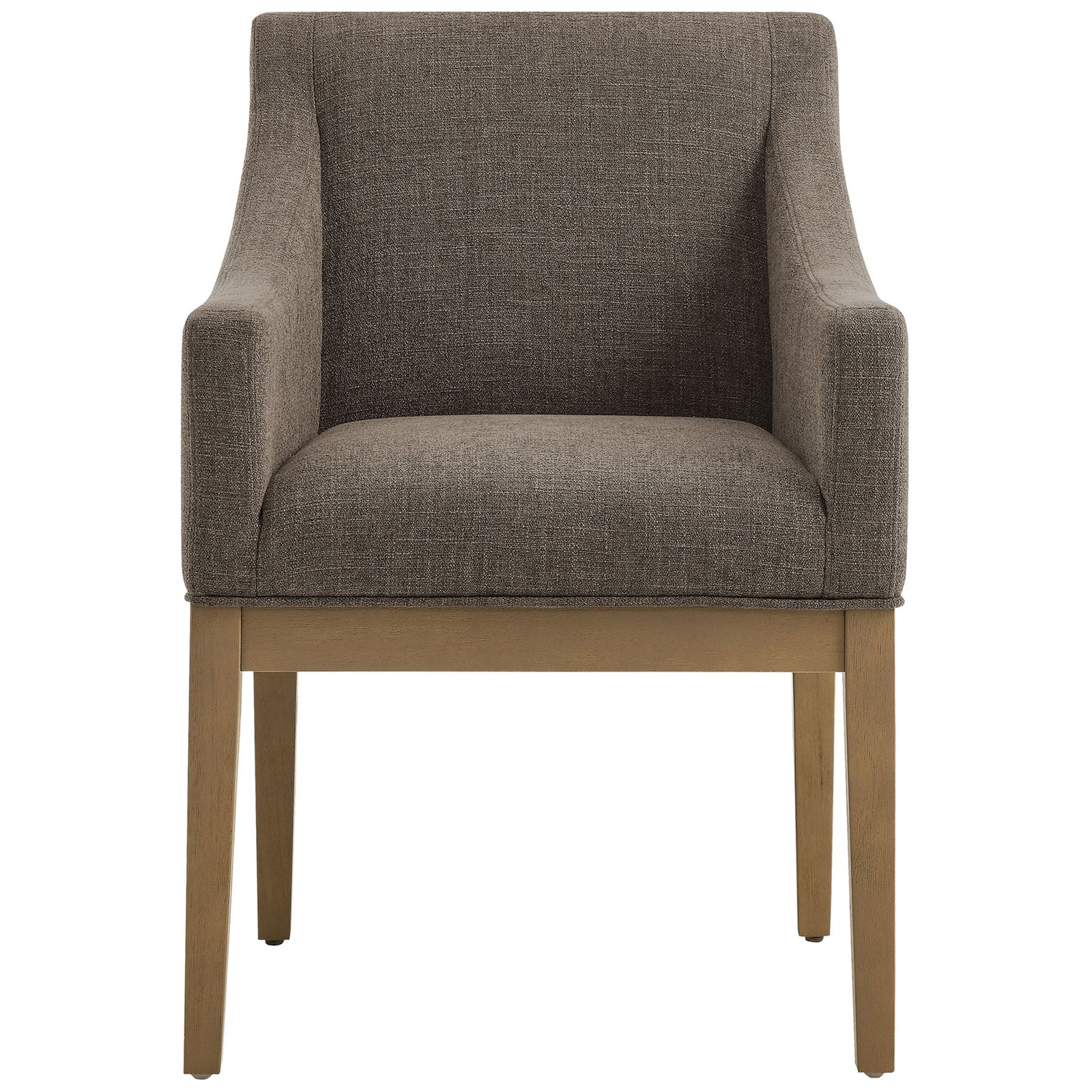 Mocha fabric upholstered dining armchair with curved arms and natural wood legs || EEI-7058-MOC-NAT || front_studio