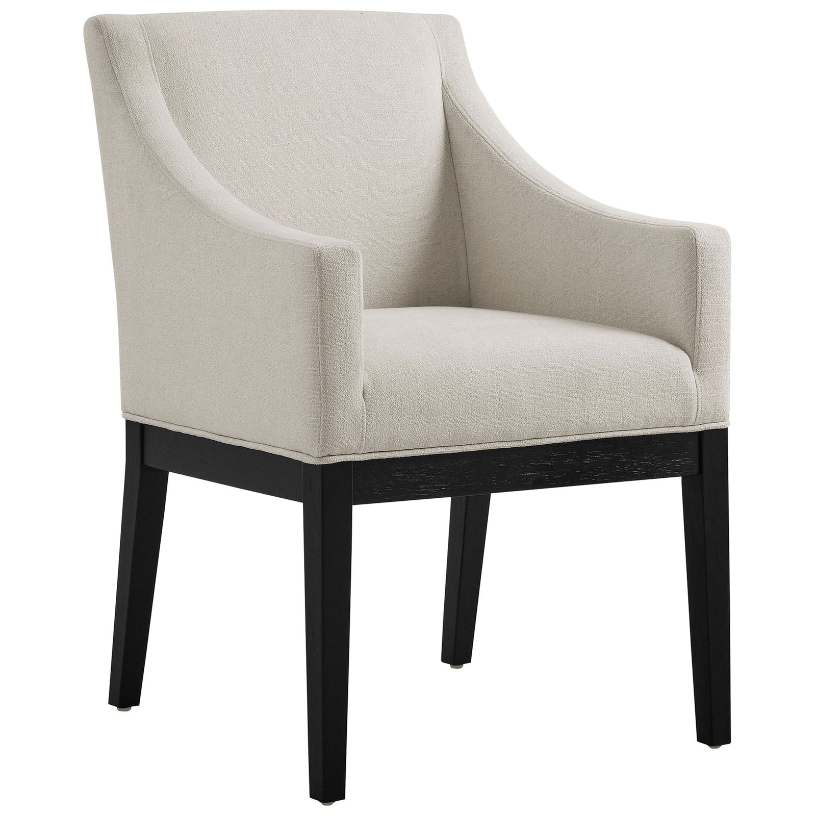 Alton upholstered dining armchair with swooping arms, soft slub-weave fabric, and black wood legs || EEI-7058-SAL-BLK || front_angle_studio