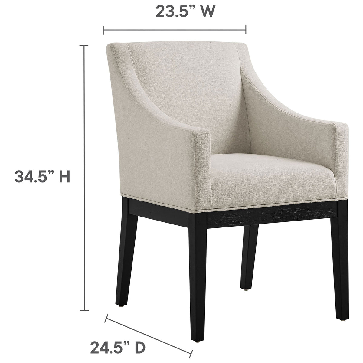 Alton upholstered dining armchair with width, depth, and height measurements shown for easy space planning || EEI-7058-SAL-BLK || dimension_studio