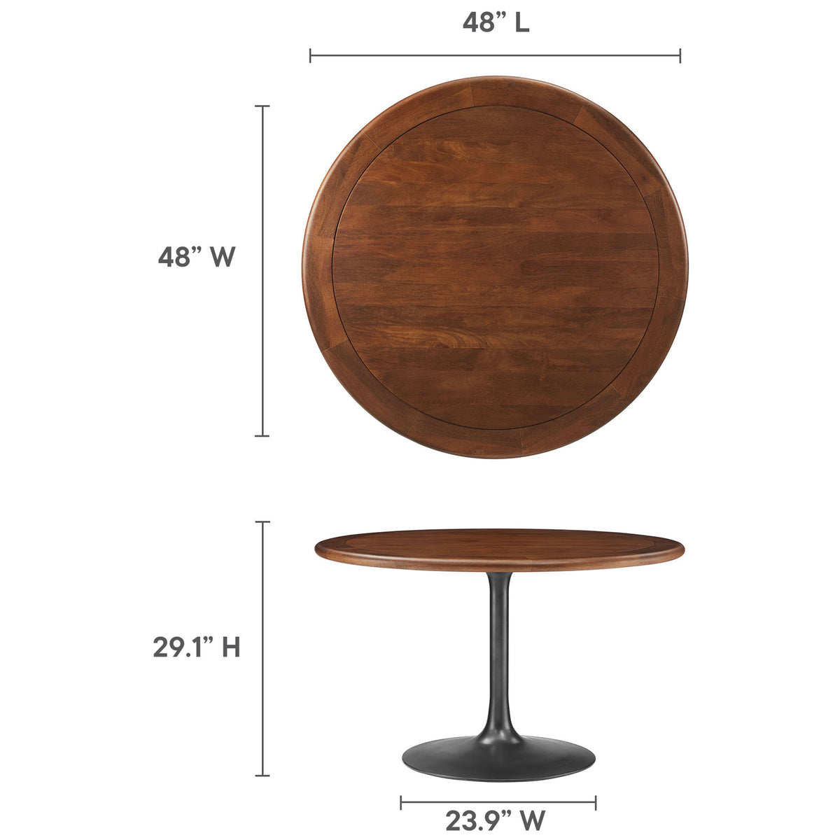 48 inch round mango wood dining table with black pedestal base shown with height and diameter measurements. || EEI-7070-BLK-WAL || dimension_studio