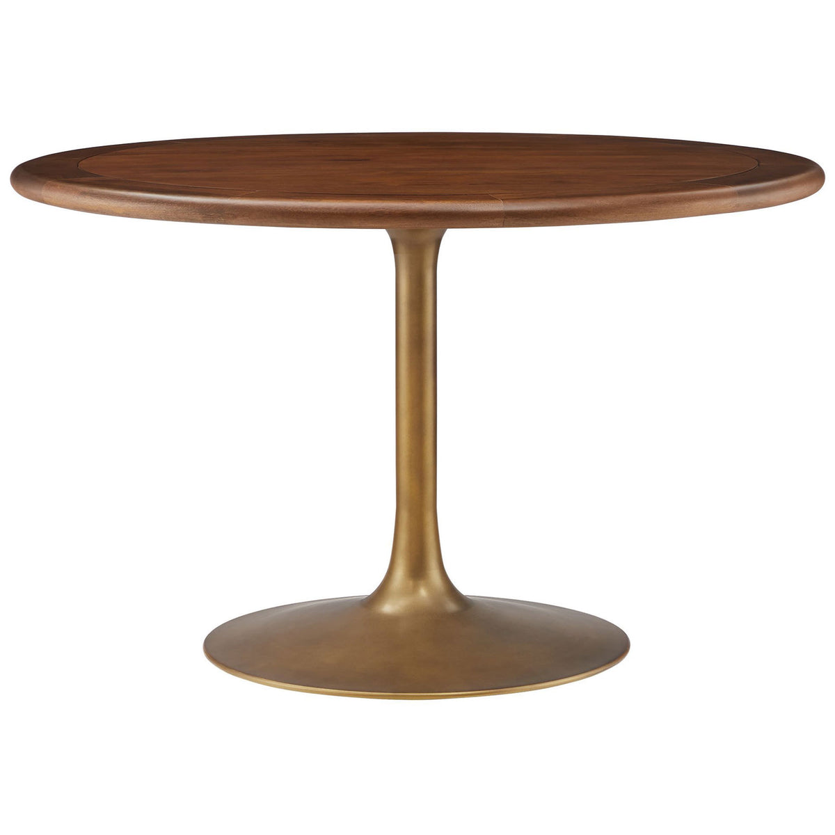 Round walnut pedestal dining table with warm brass tulip base for modern yet timeless gatherings || EEI-7070-BRA-WAL || front_studio