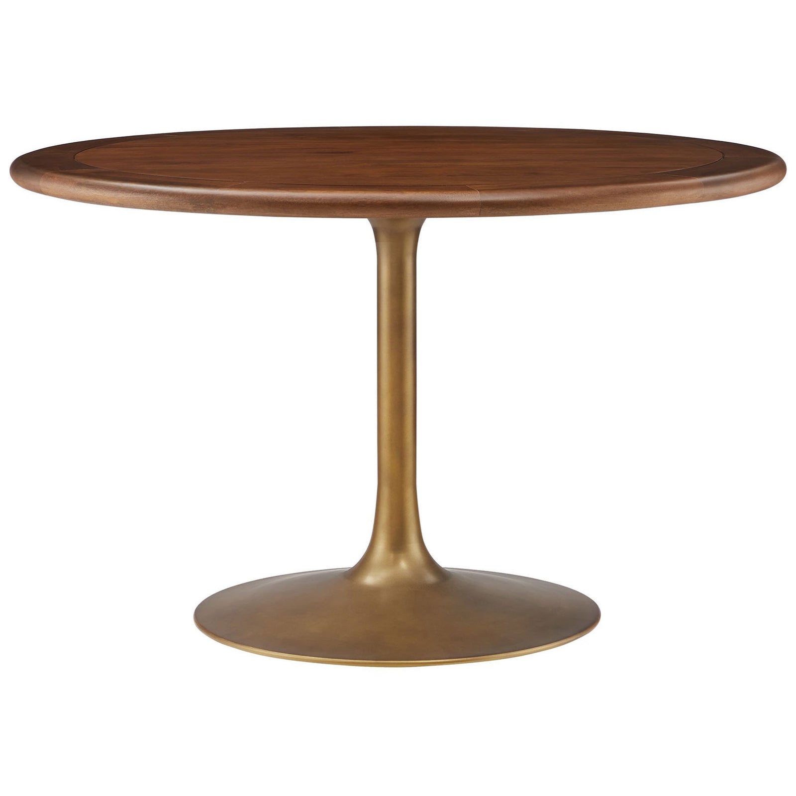 Round walnut pedestal dining table with warm brass tulip base for modern yet timeless gatherings || EEI-7070-BRA-WAL || front_studio