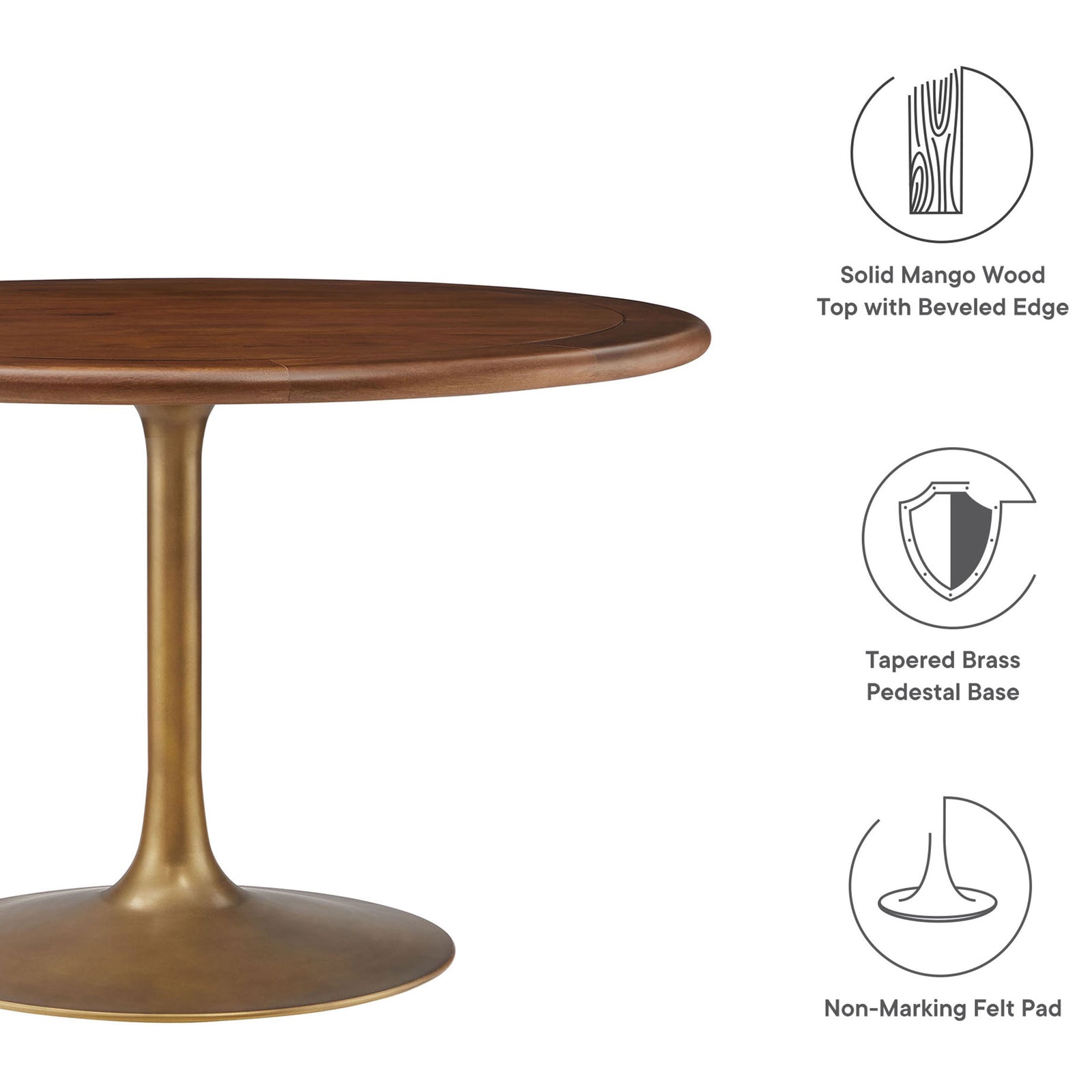 Lippa walnut dining table with brass pedestal base shown with icons for solid wood top and floor-safe pad || EEI-7070-BRA-WAL || callout_studio