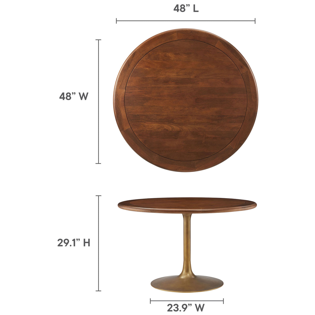 Dimensional diagram of the 48 inch round walnut pedestal dining table with overall height and tabletop width labeled || EEI-7070-BRA-WAL || dimension_studio