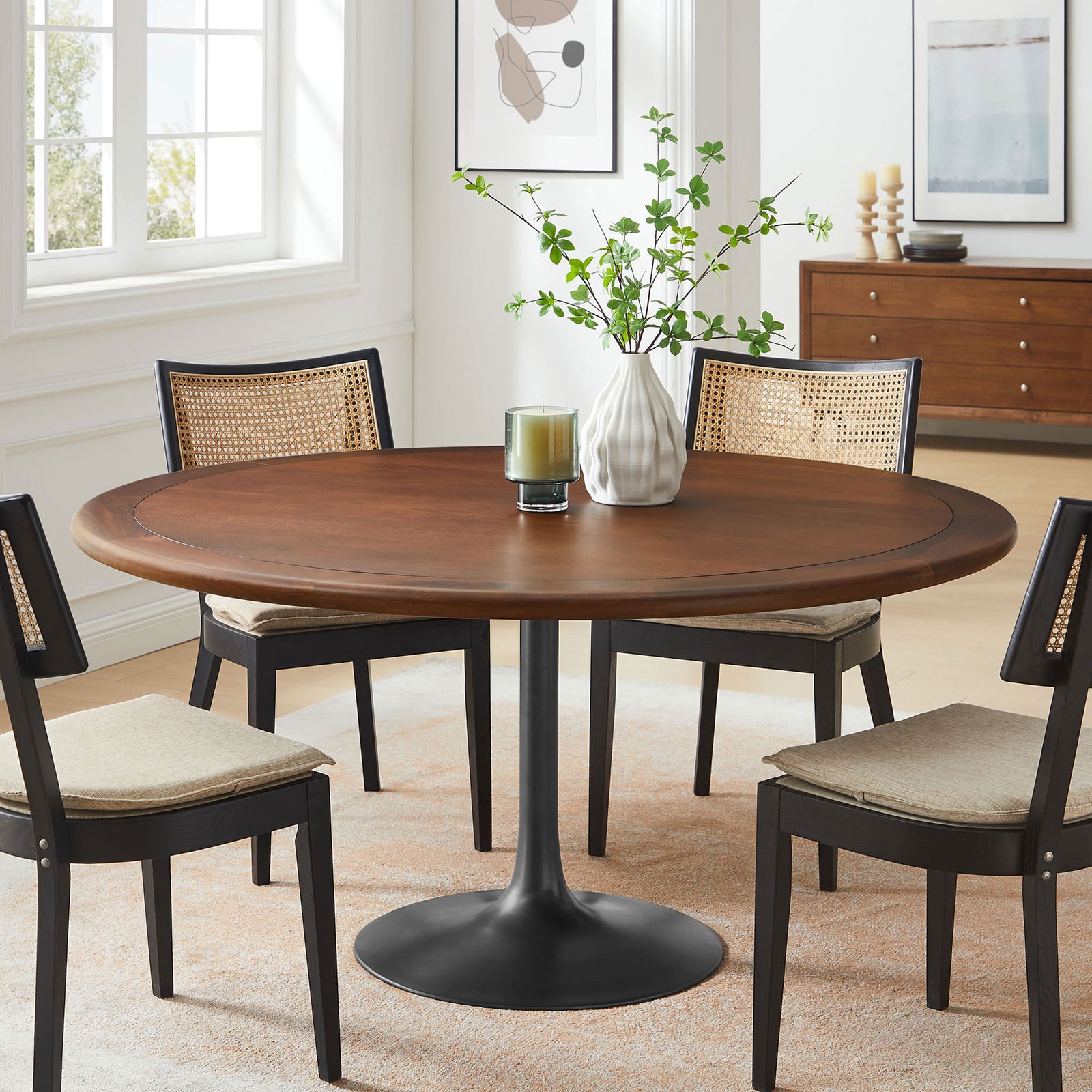 60 inch round pedestal dining table in black walnut finish surrounded by four modern cane back chairs. || EEI-7071-BLK-WAL || front_angle_room
