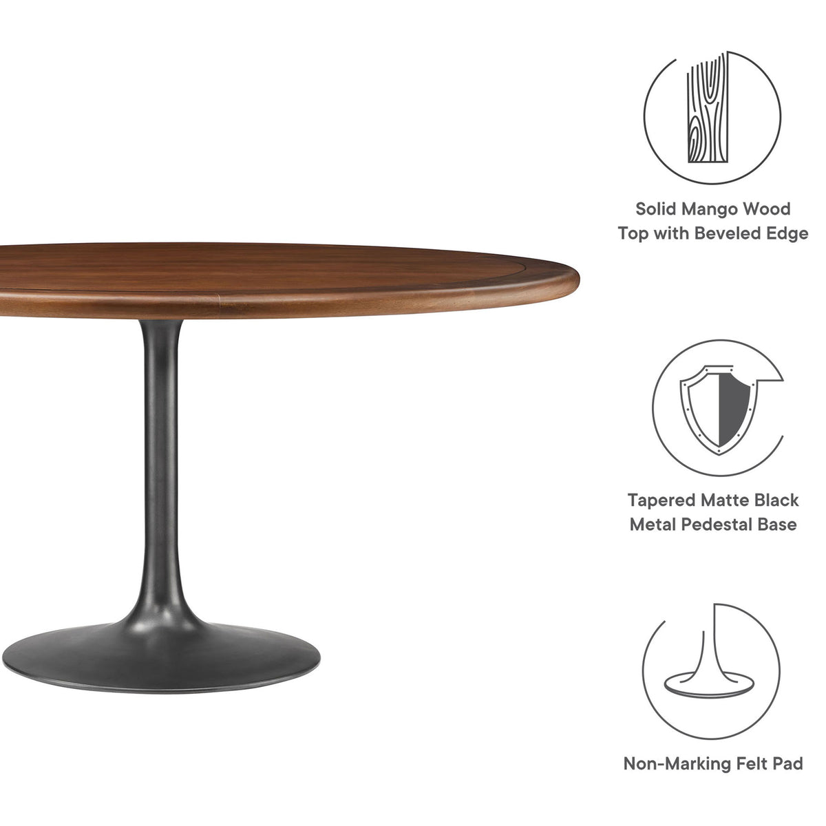 60 inch round mango wood dining table emphasizing beveled edge, tapered black base, and protective felt pad. || EEI-7071-BLK-WAL || callout_studio
