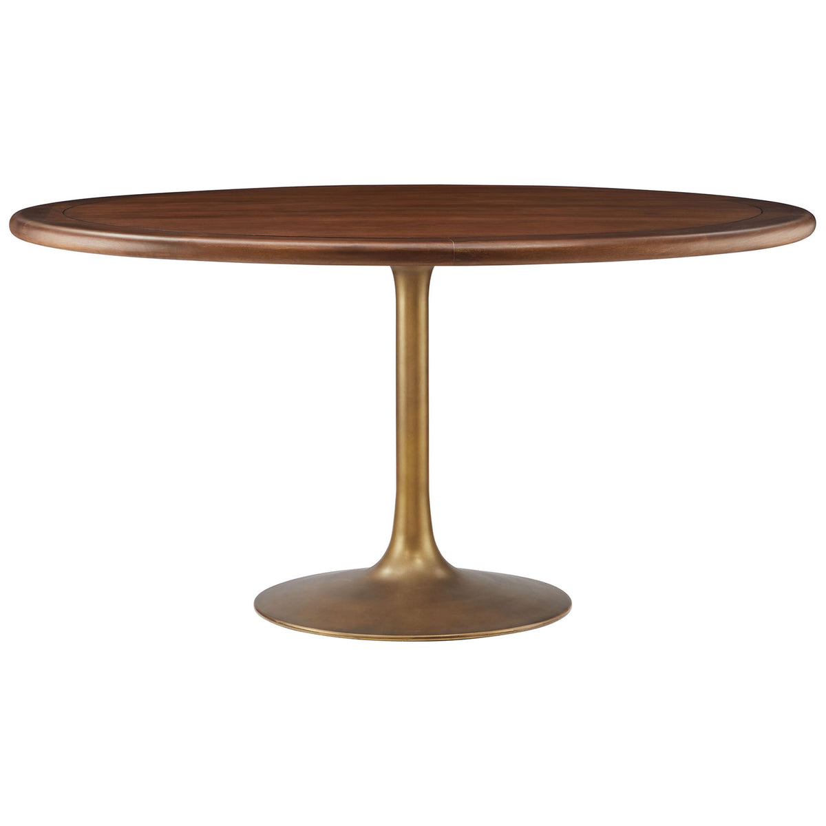 Round walnut pedestal dining table with warm brass tulip base for modern yet timeless gatherings || EEI-7070-BRA-WAL || front_studio