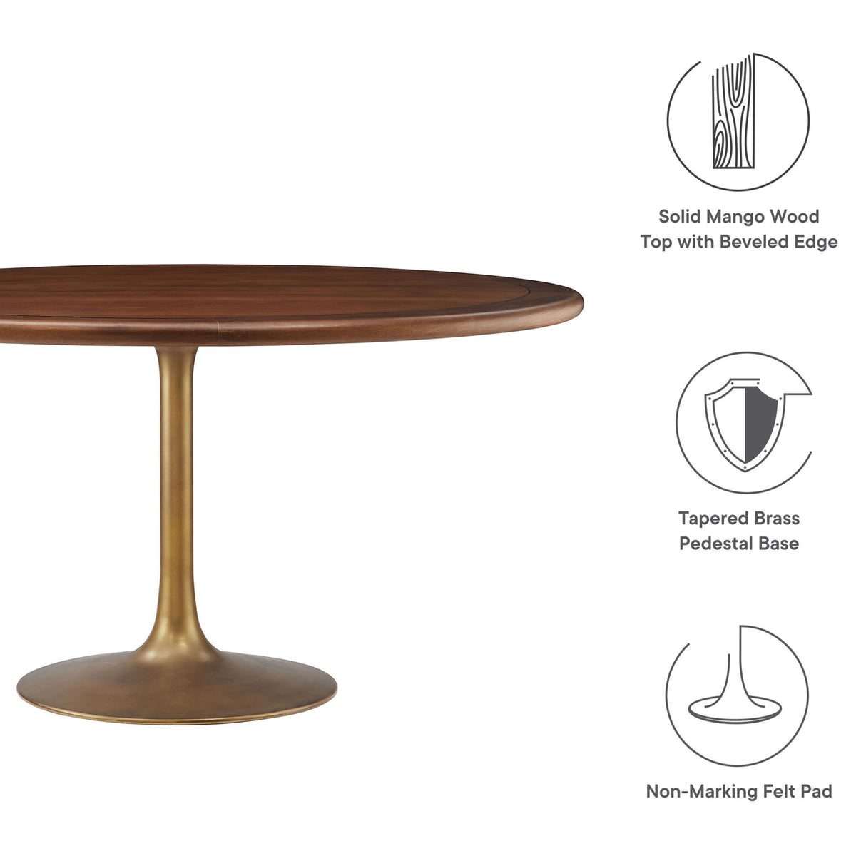 Lippa 60 inch walnut dining table with brass pedestal base shown with icons for solid wood and non-marking pad || EEI-7071-BRA-WAL || callout_studio