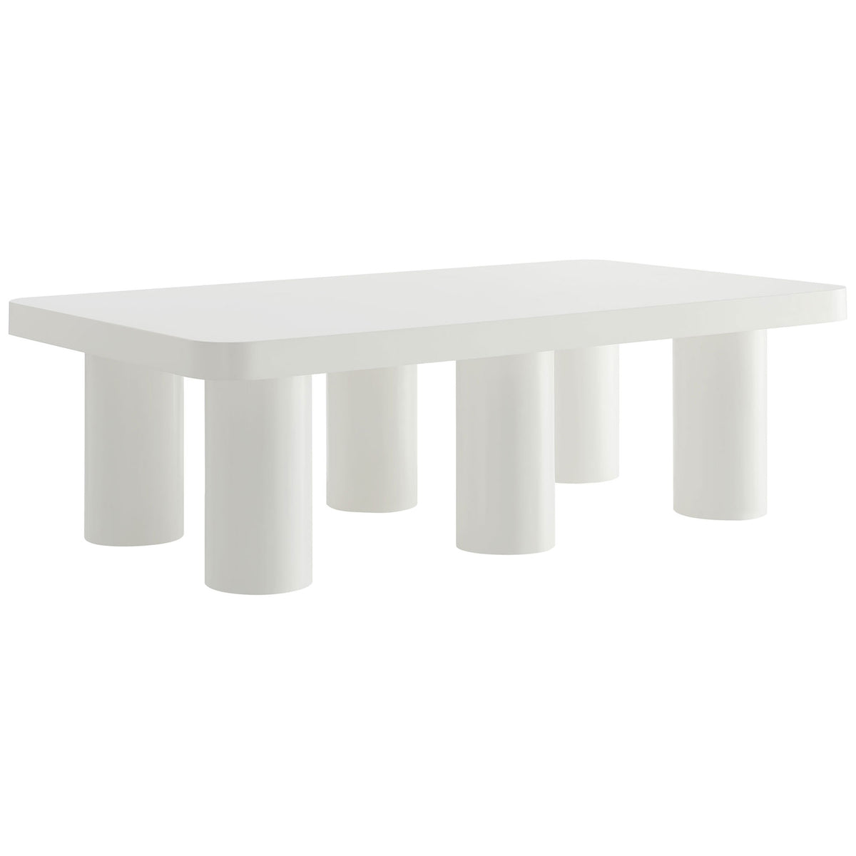 Matte white coffee table with rounded corners and six chunky cylinder legs || EEI-7072-WHI || front_angle_studio
