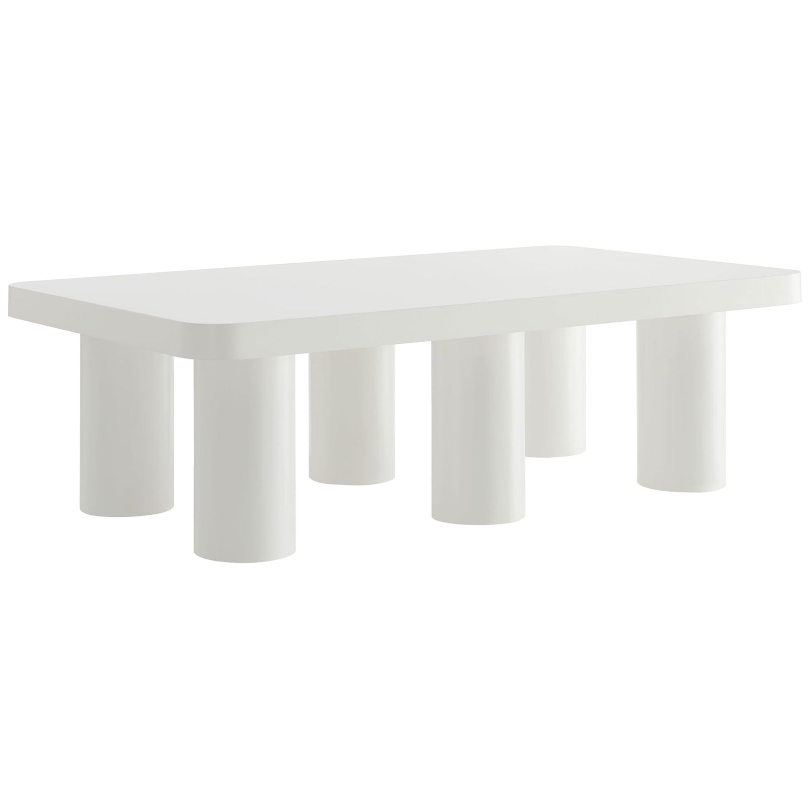 Matte white coffee table with rounded corners and six chunky cylinder legs || EEI-7072-WHI || front_angle_studio