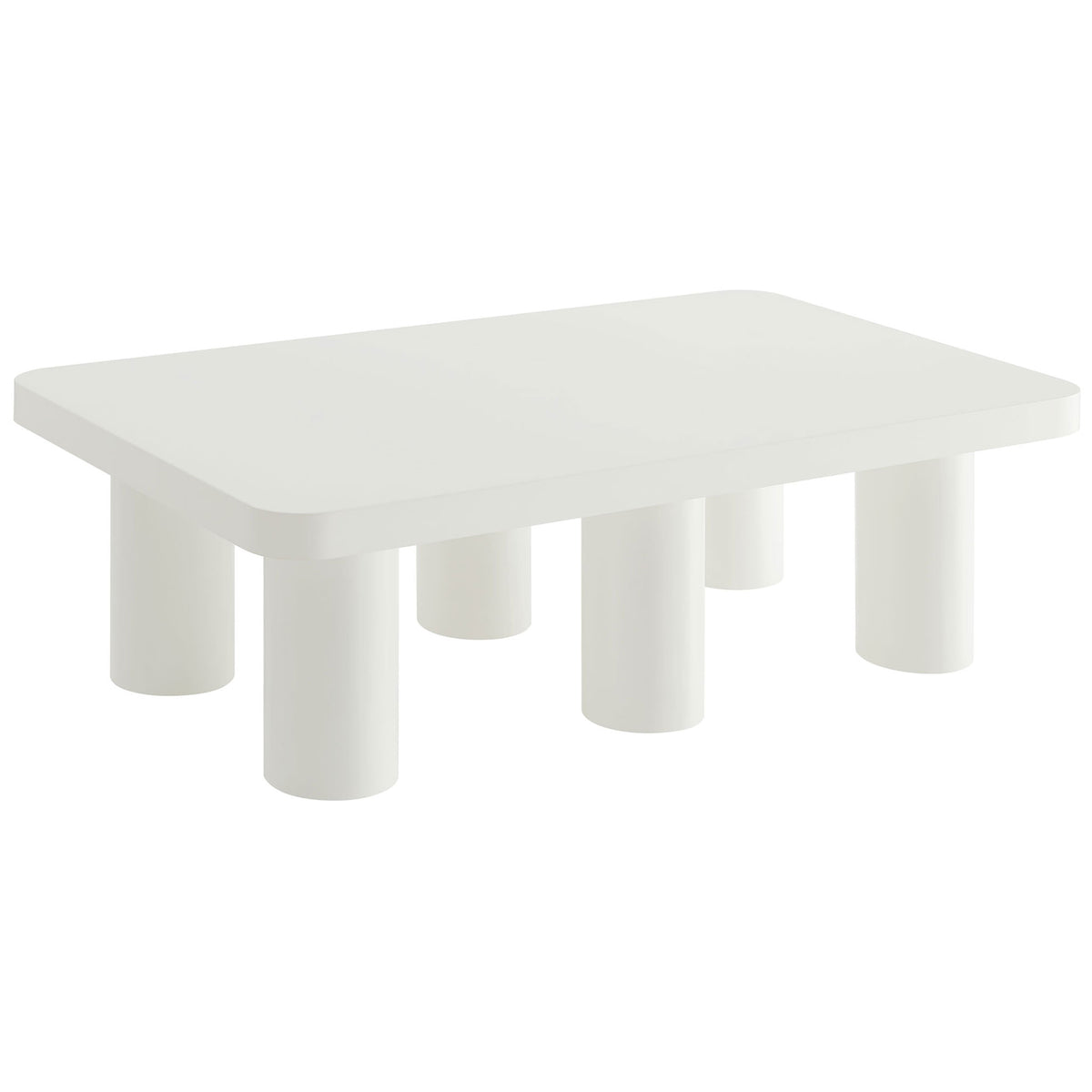Low-profile rectangle table in crisp white with softly radiused edges and bold tubular legs || EEI-7072-WHI || front_angle_studio