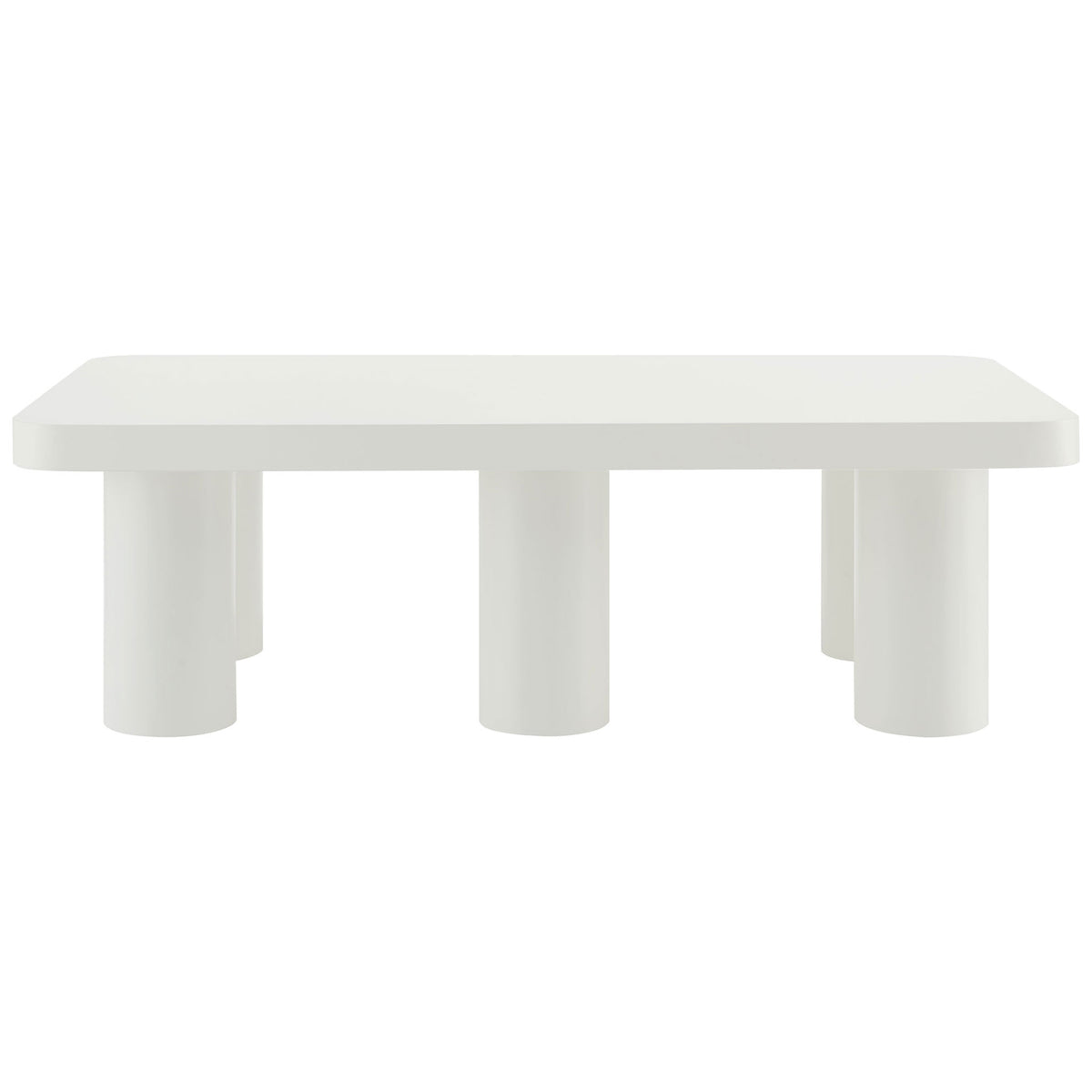 Modern white coffee table with smooth rounded corners and six evenly spaced cylinder legs || EEI-7072-WHI || front_studio