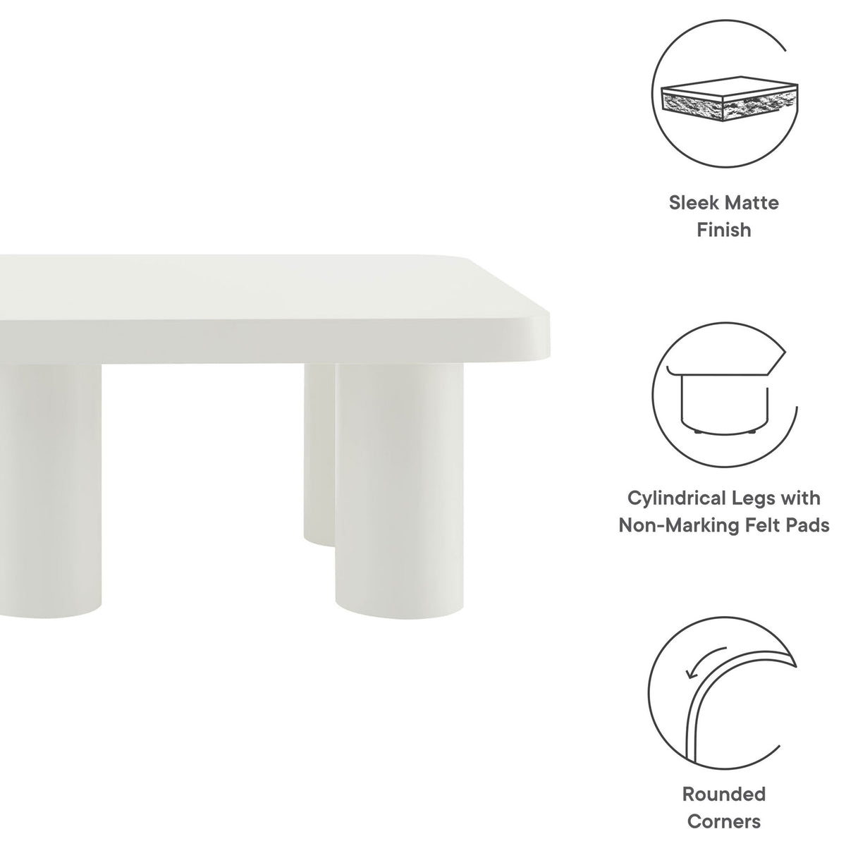 Matte finish with cylindrical legs and softly rounded corners || EEI-7072-WHI || callout_studio