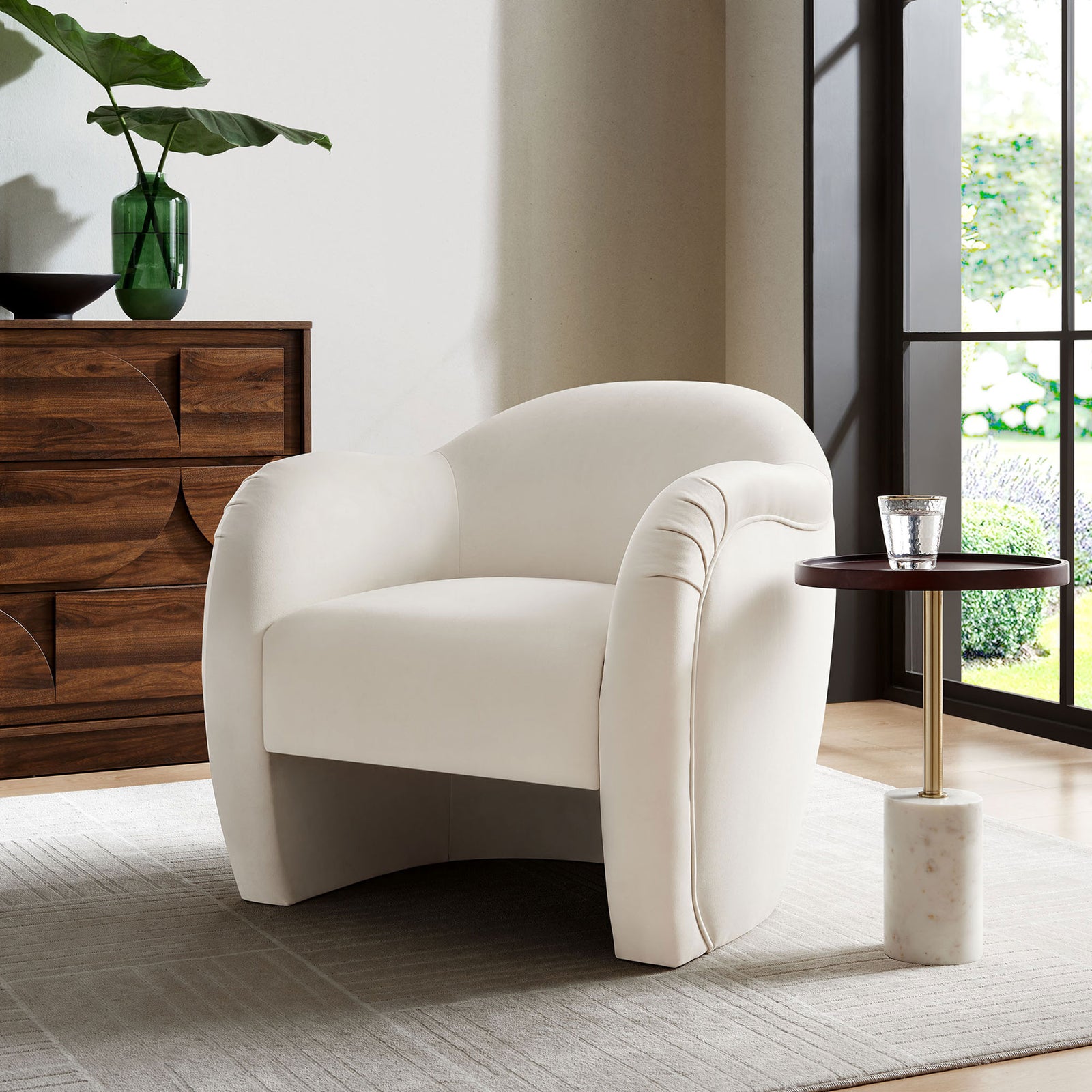 Alabaster velvet barrel chair with curved arms and generous cushioning for lounge-worthy comfort || EEI-7074-ALA || front_angle_room
