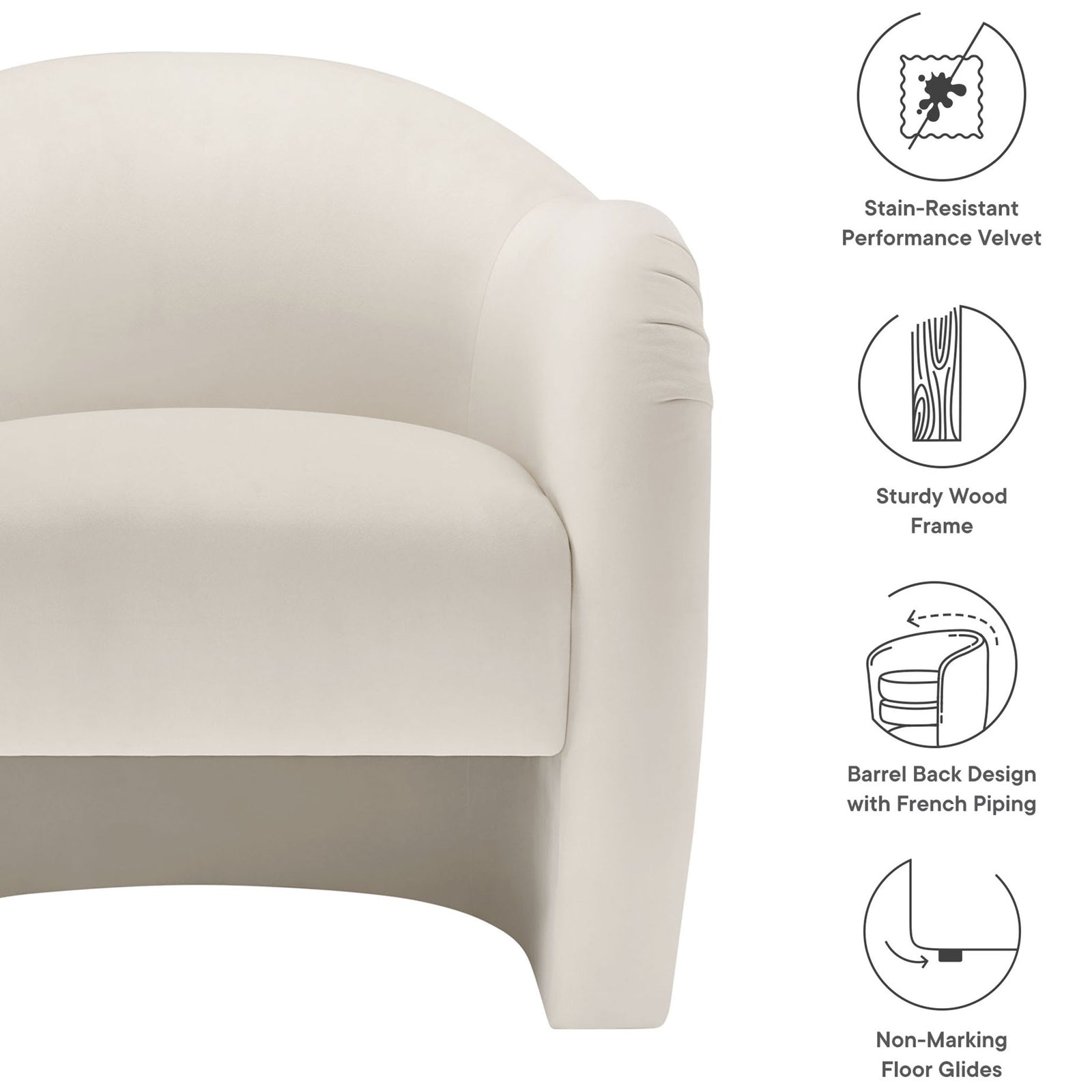 Key features include stain-resistant velvet, sturdy wood frame, barrel back, and floor-protecting glides || EEI-7074-ALA || callout_studio