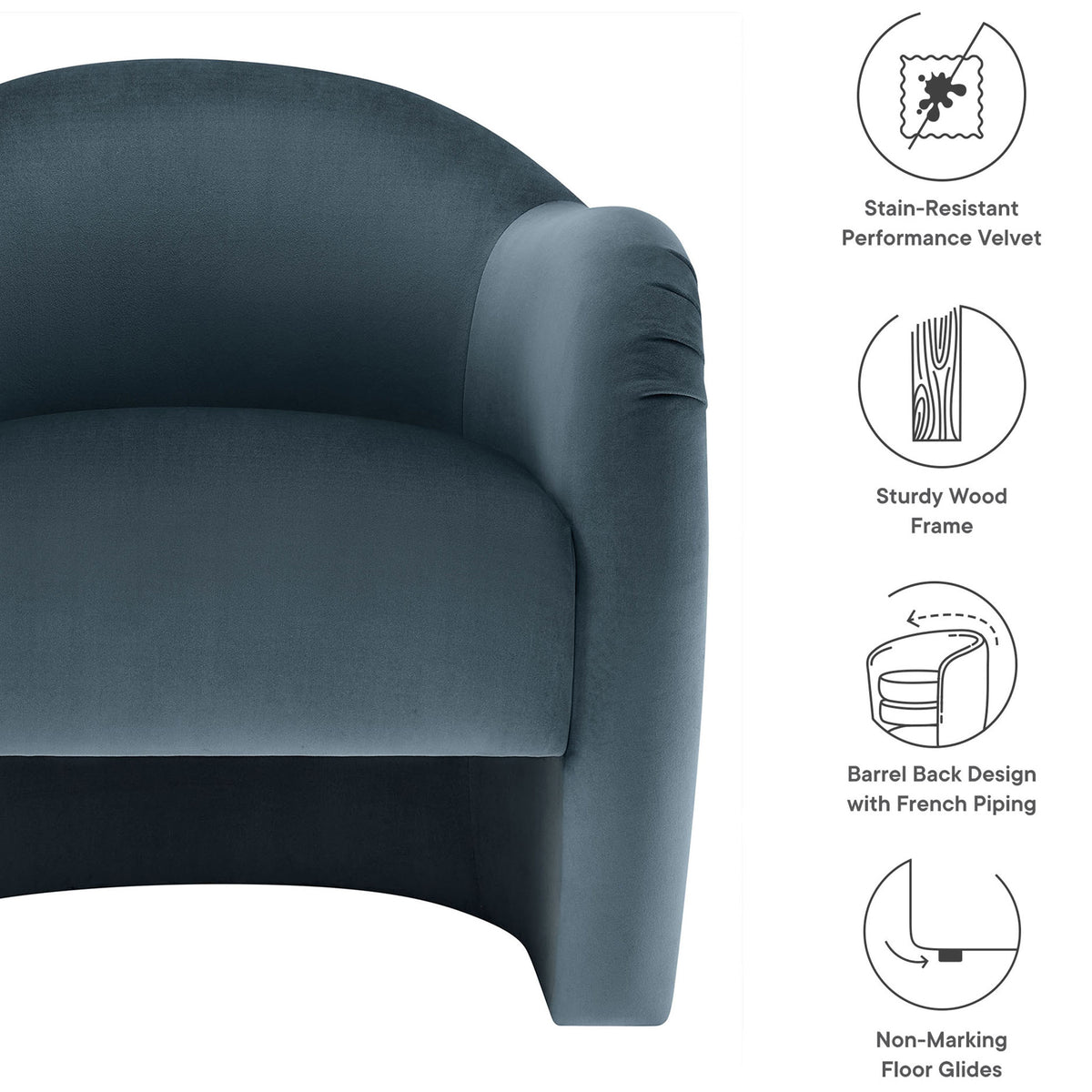 Stain-resistant velvet, sturdy wood frame, barrel back, and floor-protecting glides || EEI-7074-CAB || callout_studio