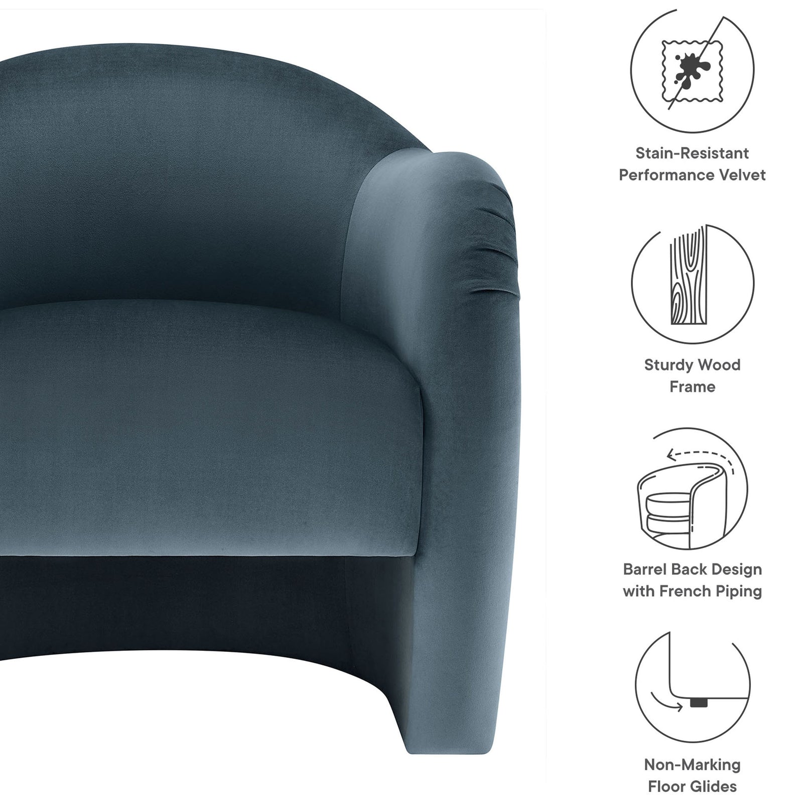 Stain-resistant velvet, sturdy wood frame, barrel back, and floor-protecting glides || EEI-7074-CAB || callout_studio