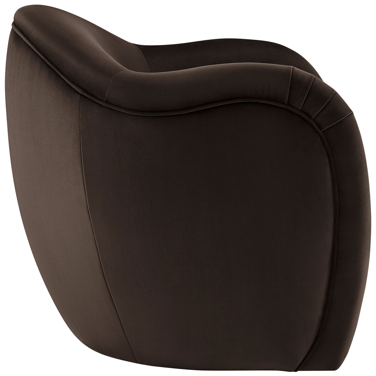 Sculpted silhouette with pleated arm detail and soft, stain-resistant velvet upholstery. || EEI-7074-CHB || back_angle_studio