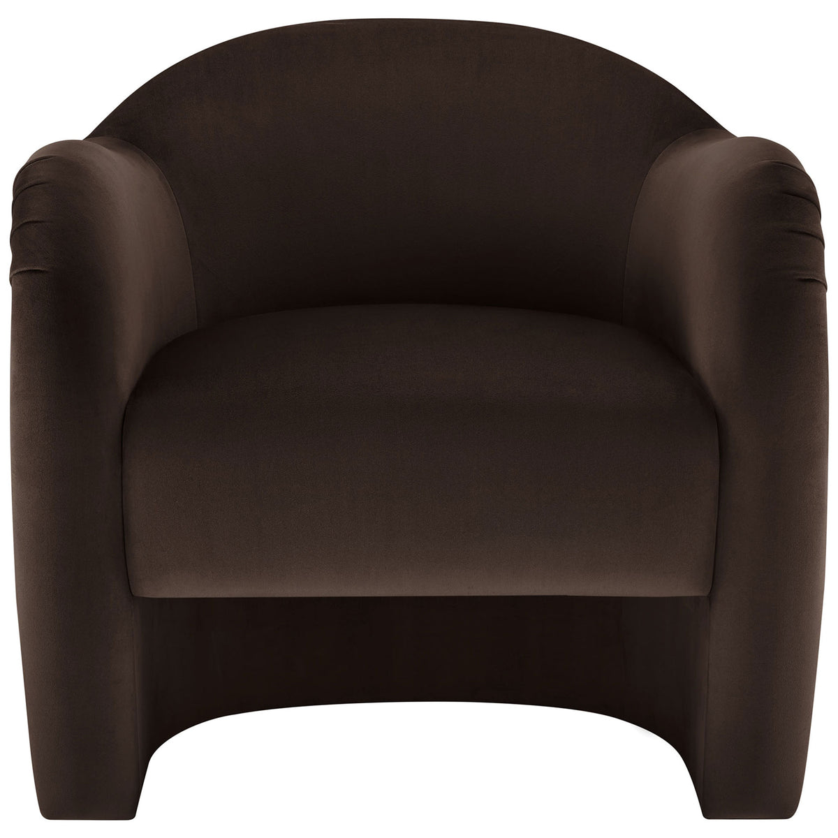 Curved barrel-back accent chair in chocolate brown performance velvet with plush seat and French piping. || EEI-7074-CHB || front_studio
