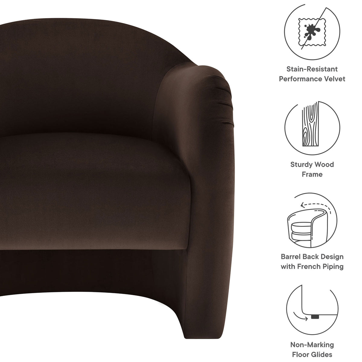 Key features: stain-resistant velvet, sturdy wood frame, barrel back, and floor glides. || EEI-7074-CHB || callout_studio