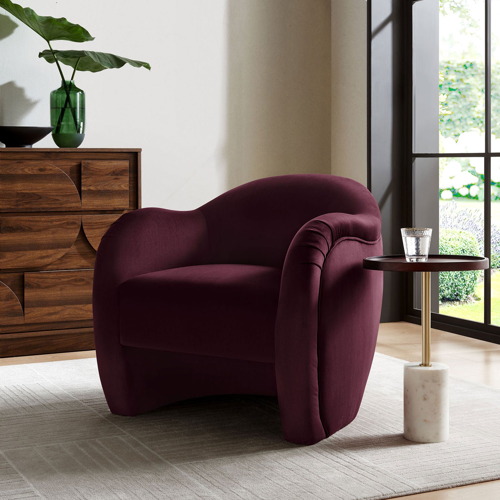 Chic barrel accent chair in deep mulberry velvet elevates any living space || EEI-7074-MUL || front_angle_room