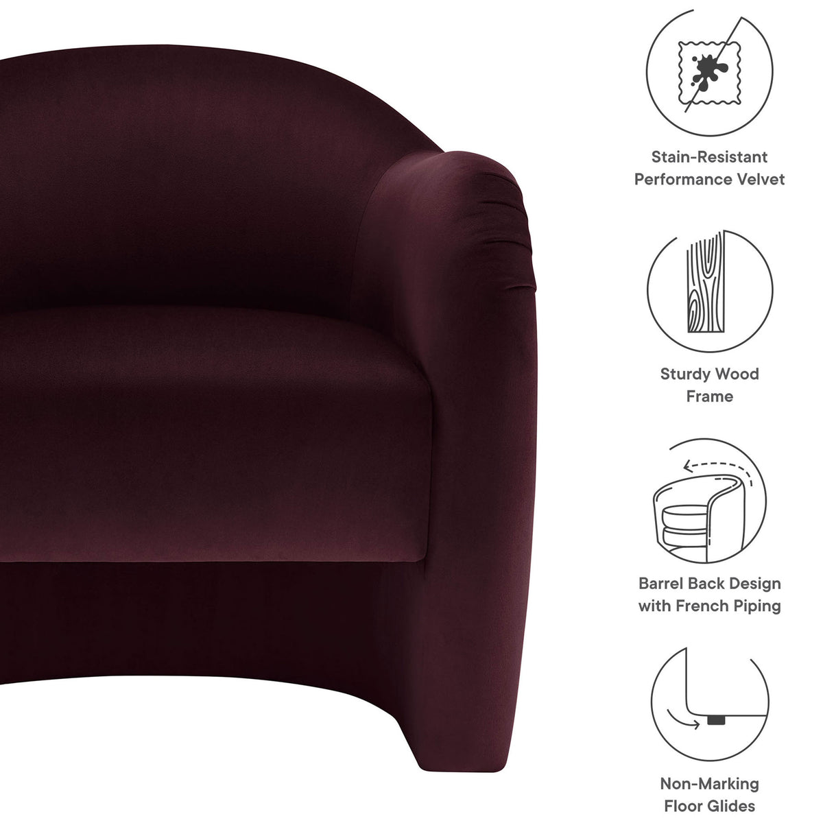 Stain-resistant performance velvet, sturdy wood frame, barrel back, and non-marking floor glides || EEI-7074-MUL || callout_studio