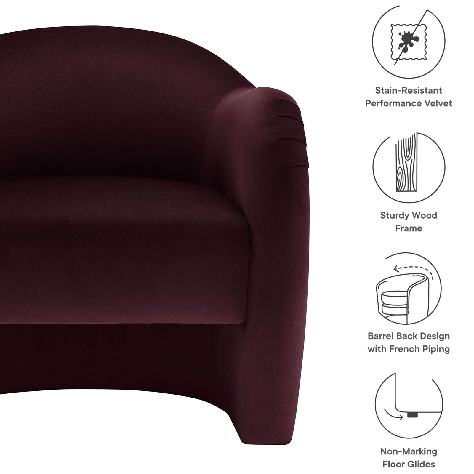 Stain-resistant performance velvet, sturdy wood frame, barrel back, and non-marking floor glides || EEI-7074-MUL || callout_studio