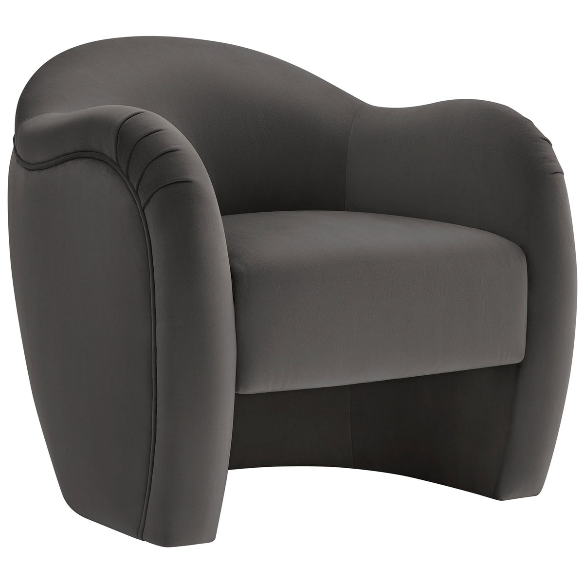 Rounded silhouette with pleated arm detailing and smooth performance velvet upholstery in storm gray || EEI-7074-STG || front_angle_studio