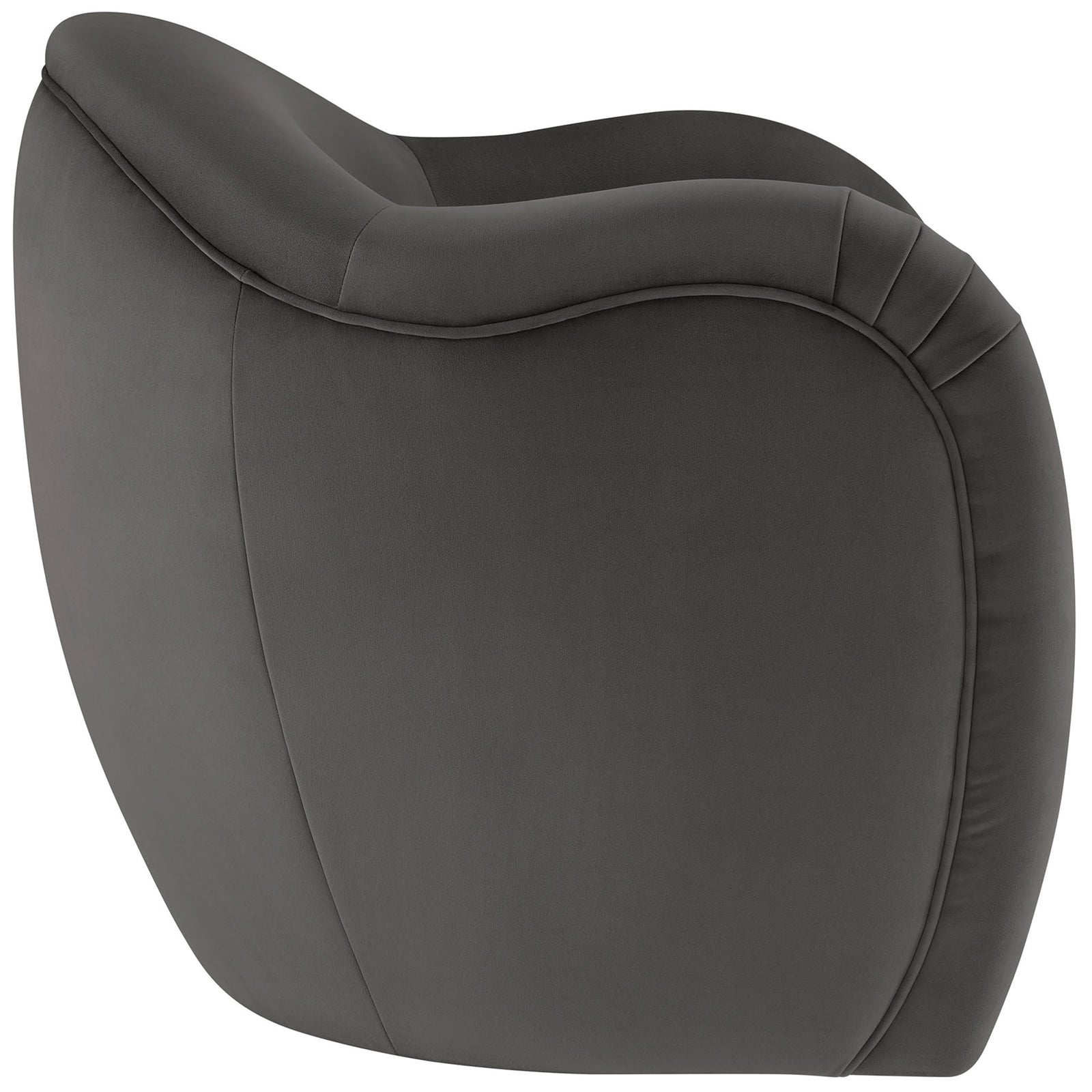 Curved wraparound back with tailored piping and seamless storm gray velvet upholstery || EEI-7074-STG || back_angle_studio