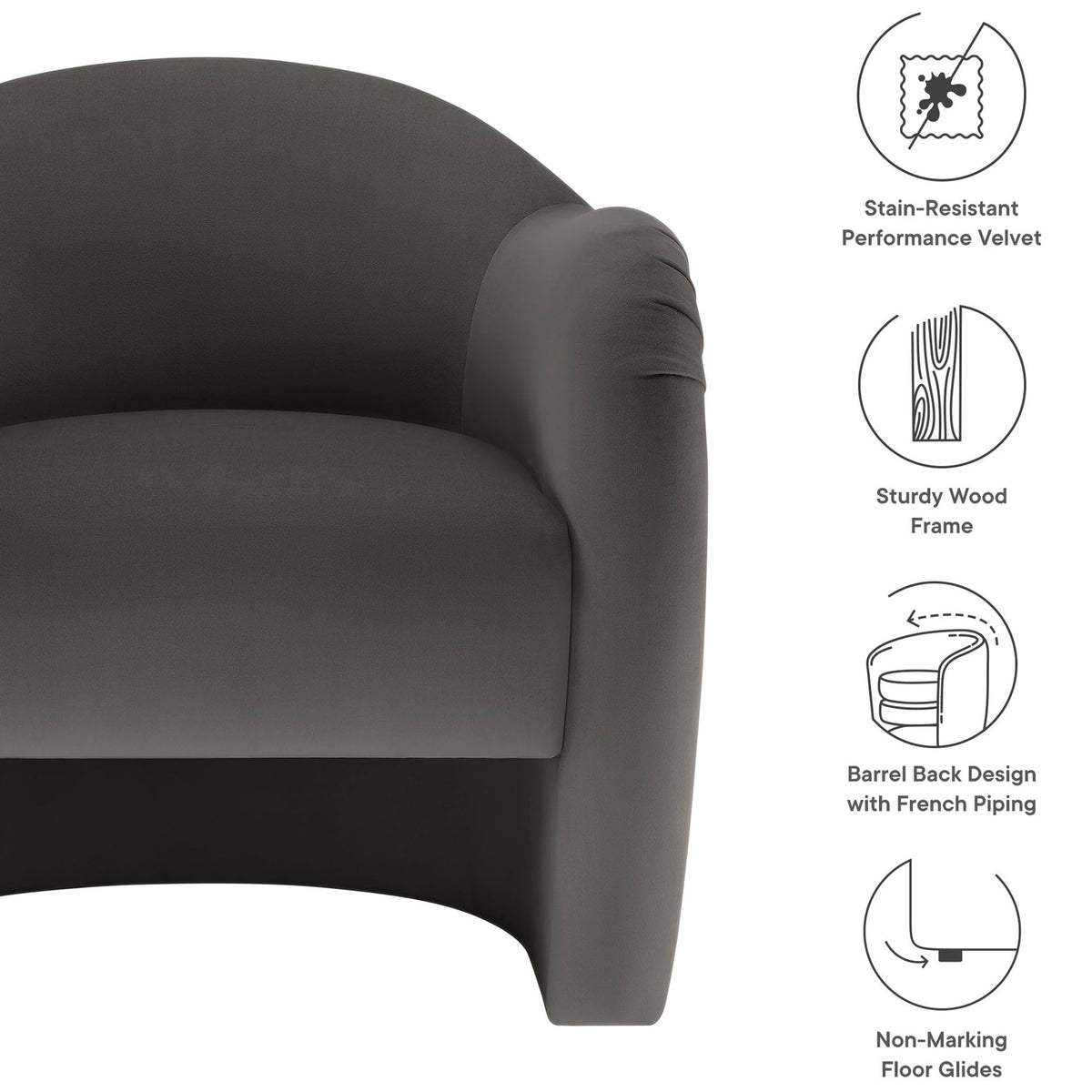 Stain-resistant performance velvet, sturdy wood frame, barrel back with French piping, non-marking glides || EEI-7074-STG || callout_studio
