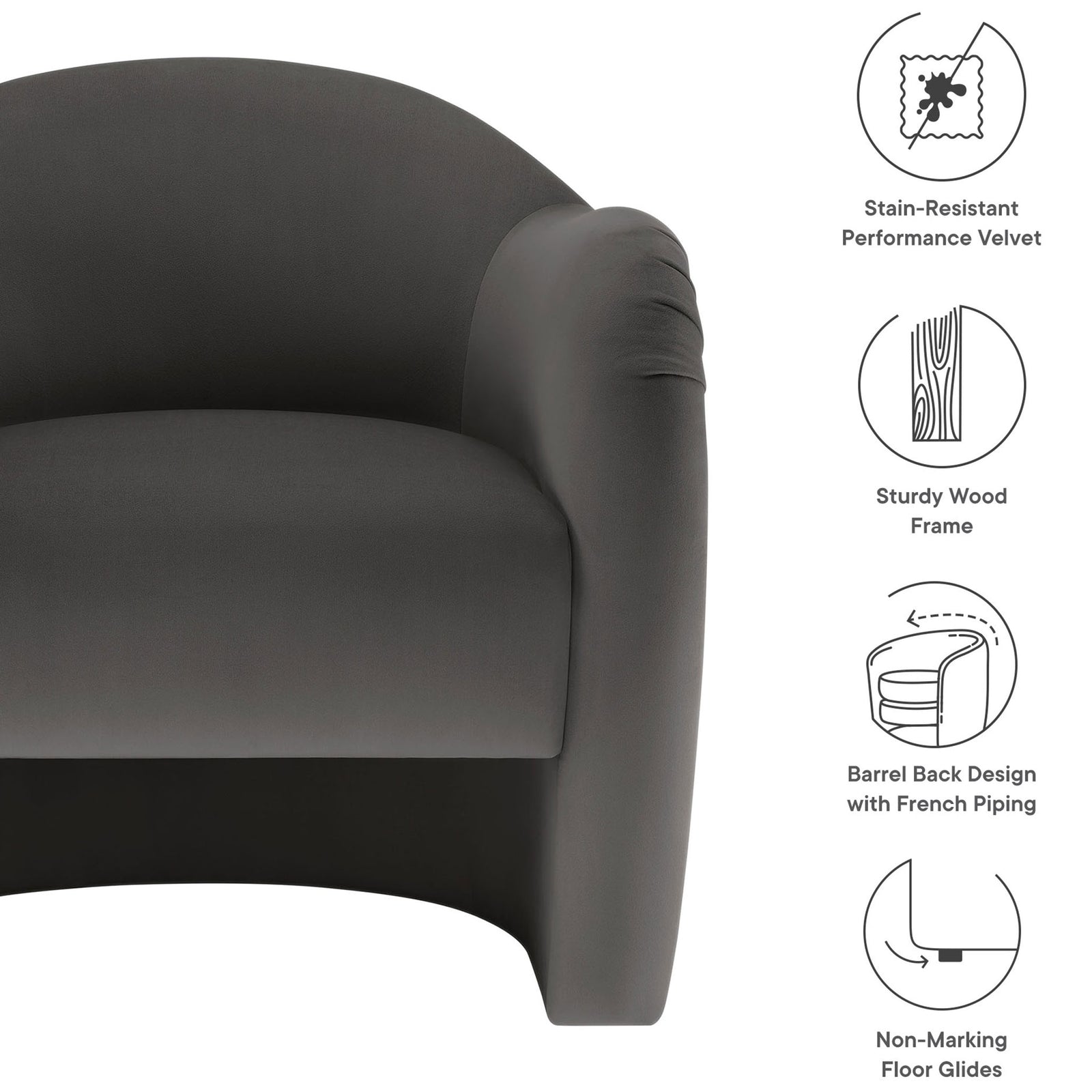 Stain-resistant performance velvet, sturdy wood frame, barrel back with French piping, non-marking glides || EEI-7074-STG || callout_studio