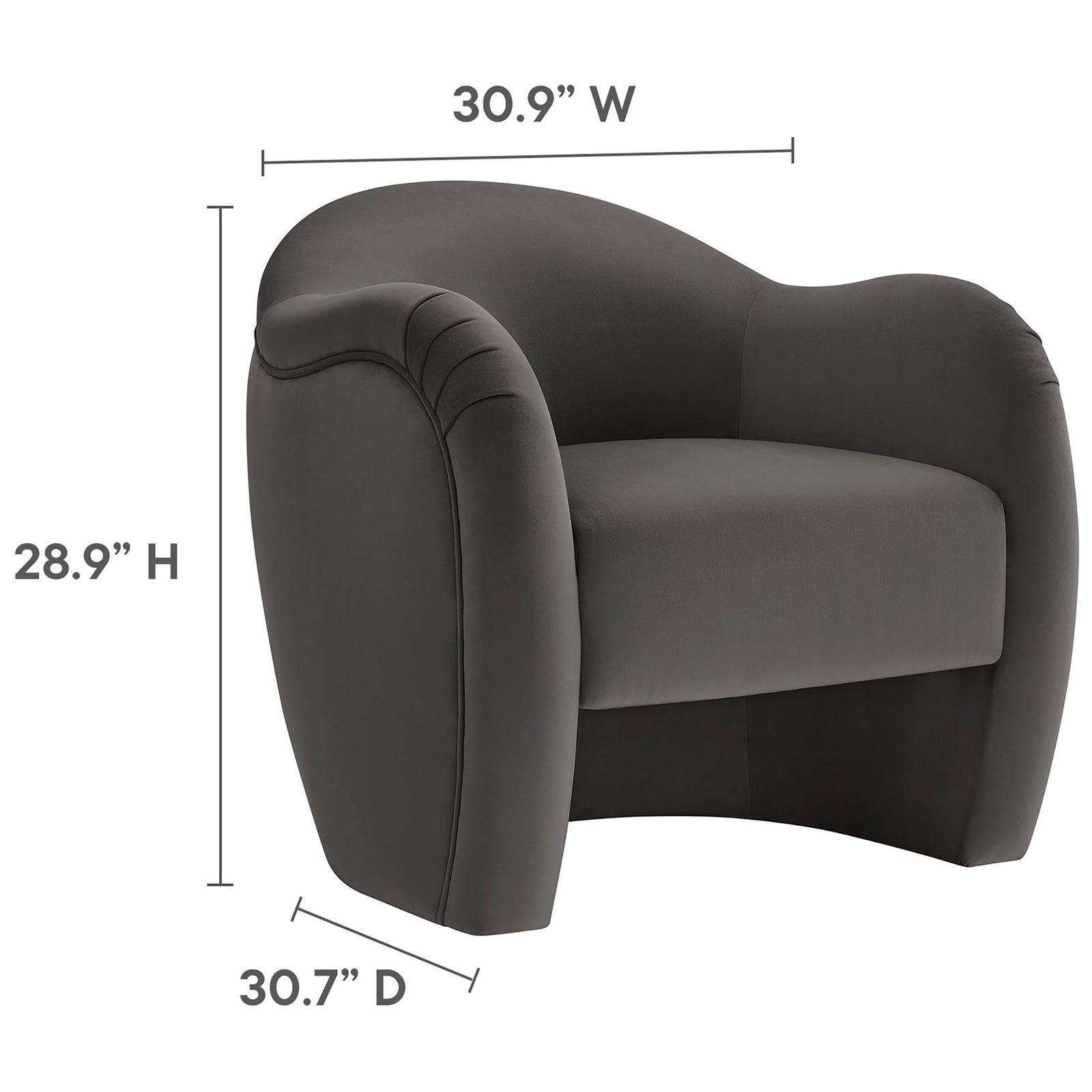Sized for modern spaces at 30.9 W x 30.7 D x 28.9 H inches, with plush curves in storm gray velvet || EEI-7074-STG || dimension_studio