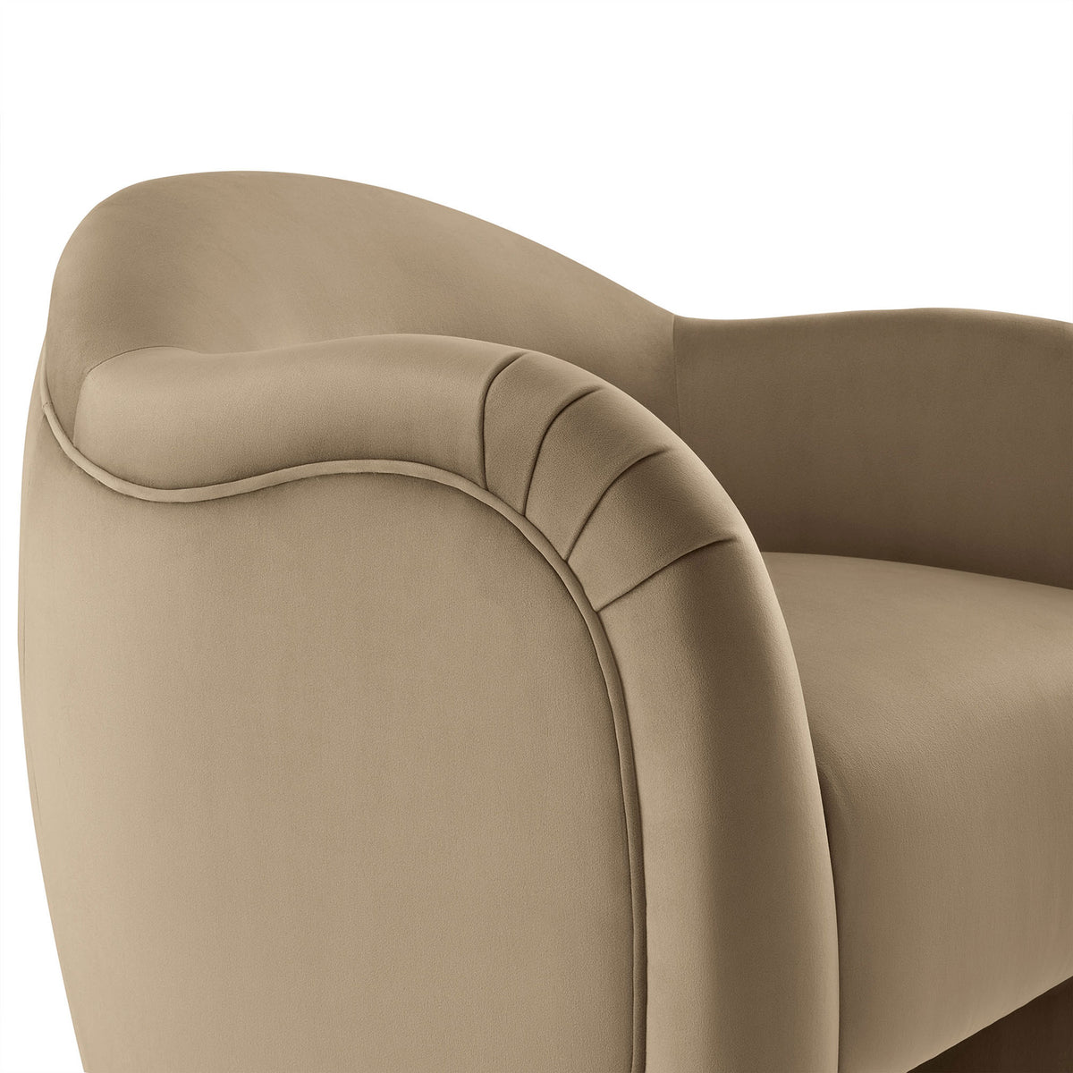 Pleated arm detail and French piping add texture and refinement to the taupe performance velvet design || EEI-7074-TAU || detail_studio