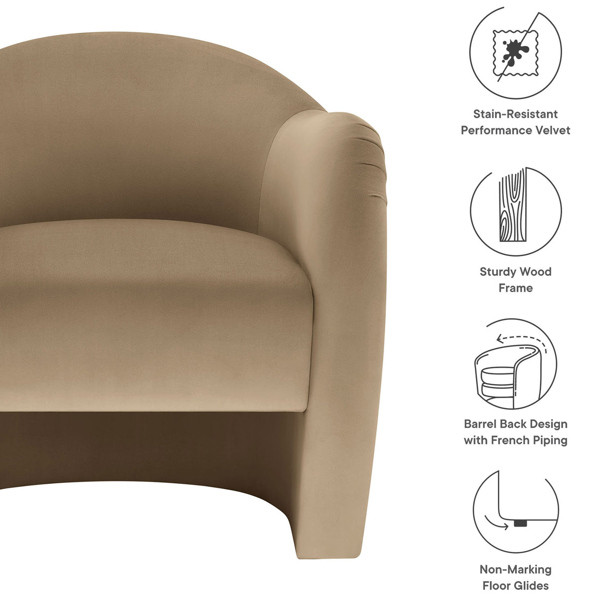 Stain-resistant performance velvet, barrel-back design, and French piping on a sturdy, long-lasting frame || EEI-7074-TAU || callout_studio