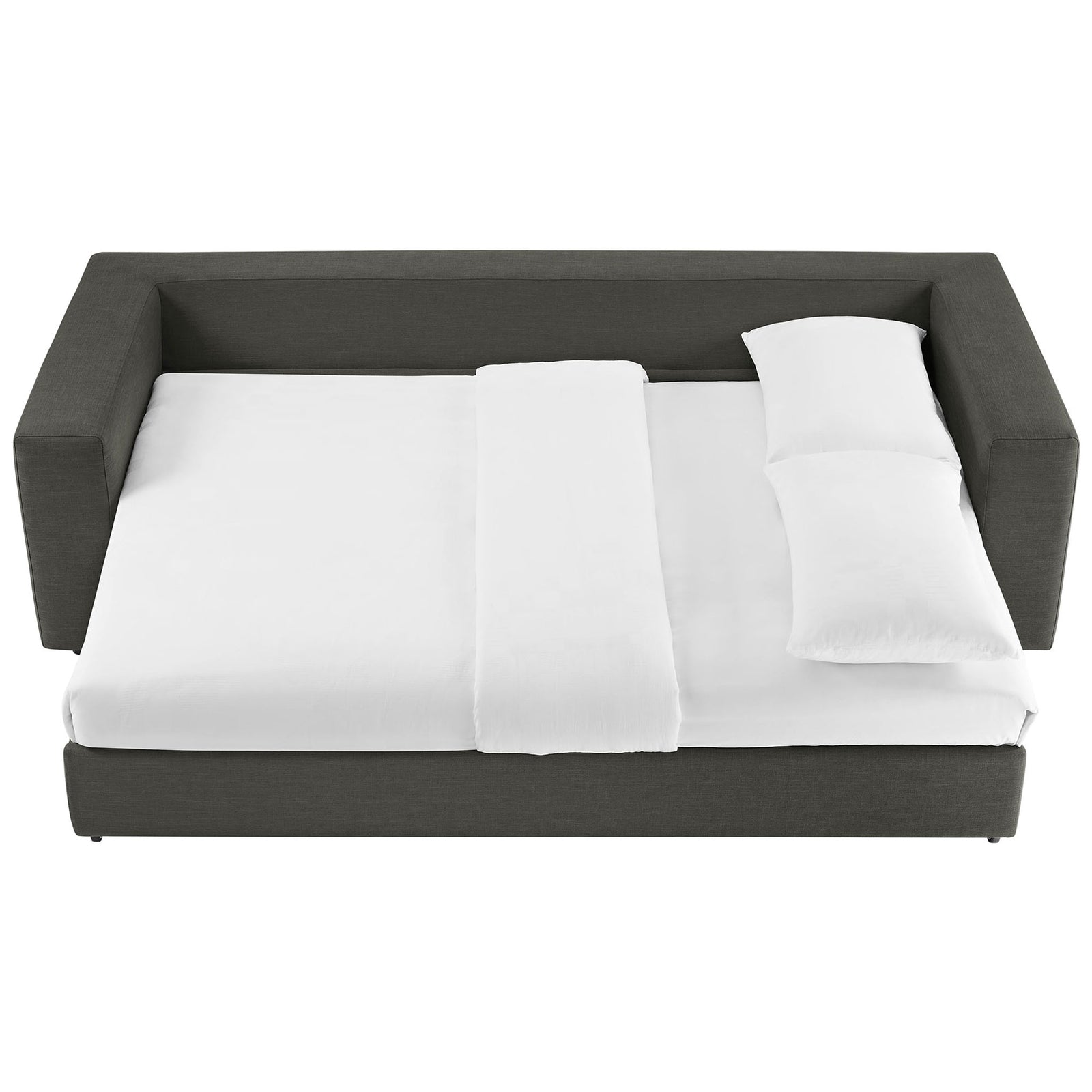 Sleeper sofa fully made up as a bed with white linens framed by wide gray arms || EEI-7080-GRY || front_converted_studio