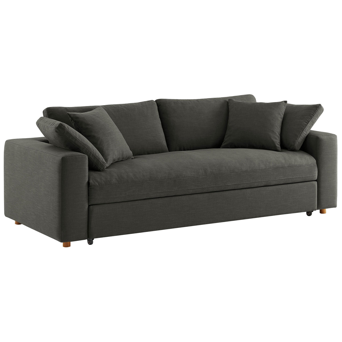 Charcoal gray Commix sleeper sofa with deep seat and four plush pillows for relaxed lounging || EEI-7080-GRY || front_angle_studio