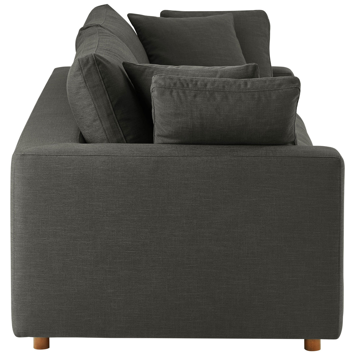Modern track-arm sleeper sofa in gray upholstery showing generous armrest and plush cushions || EEI-7080-GRY || side_studio
