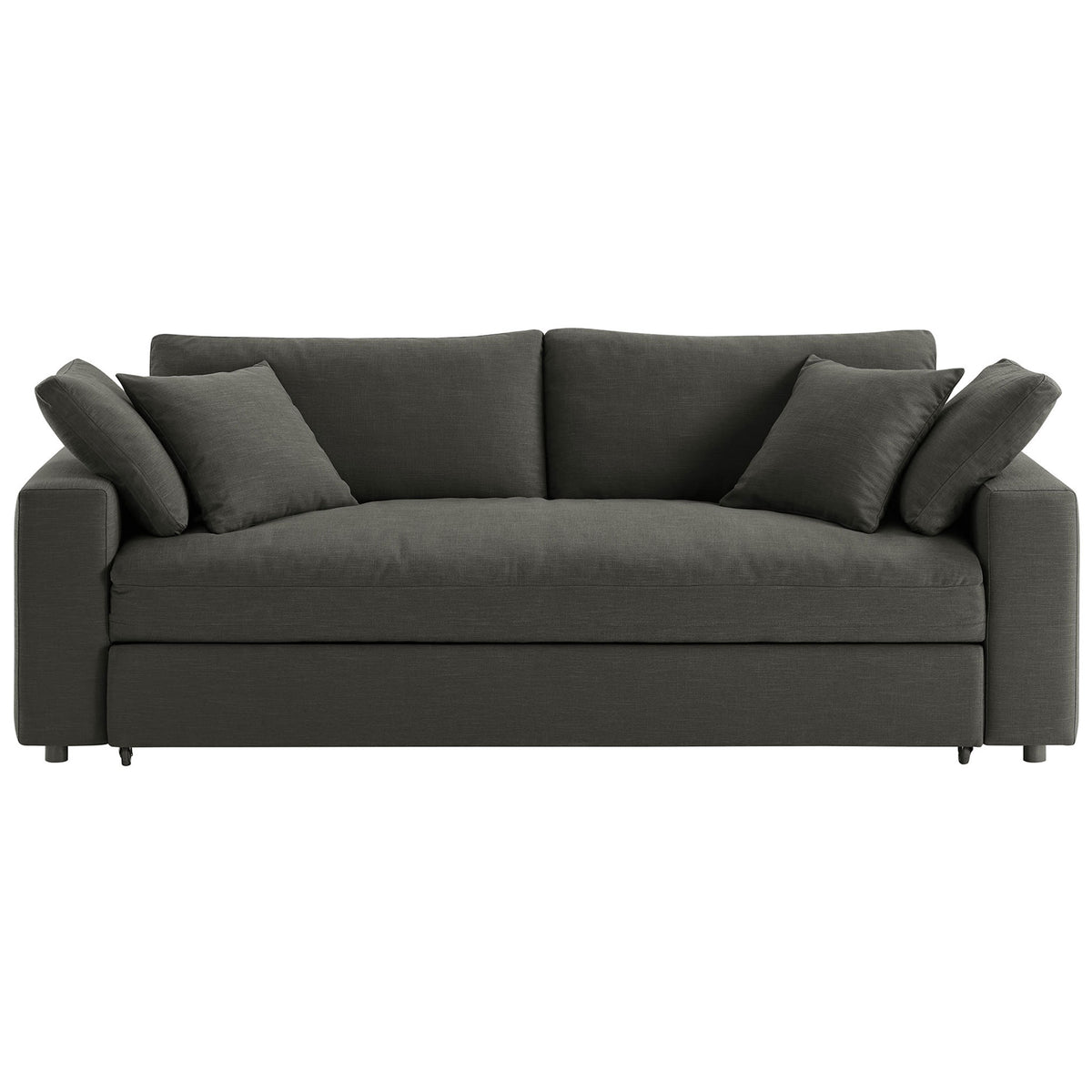 Spacious gray Commix sleeper sofa with overstuffed down cushions and matching throw pillows || EEI-7080-GRY || front_studio
