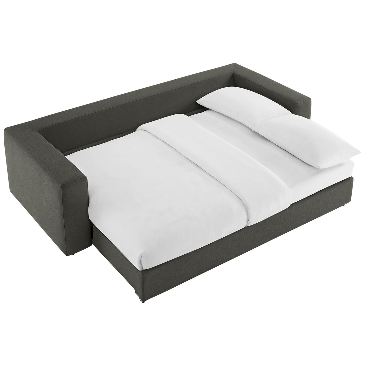 Gray Commix sleeper sofa converted to a full-size bed with crisp white bedding || EEI-7080-GRY || front_angle_converted_studio