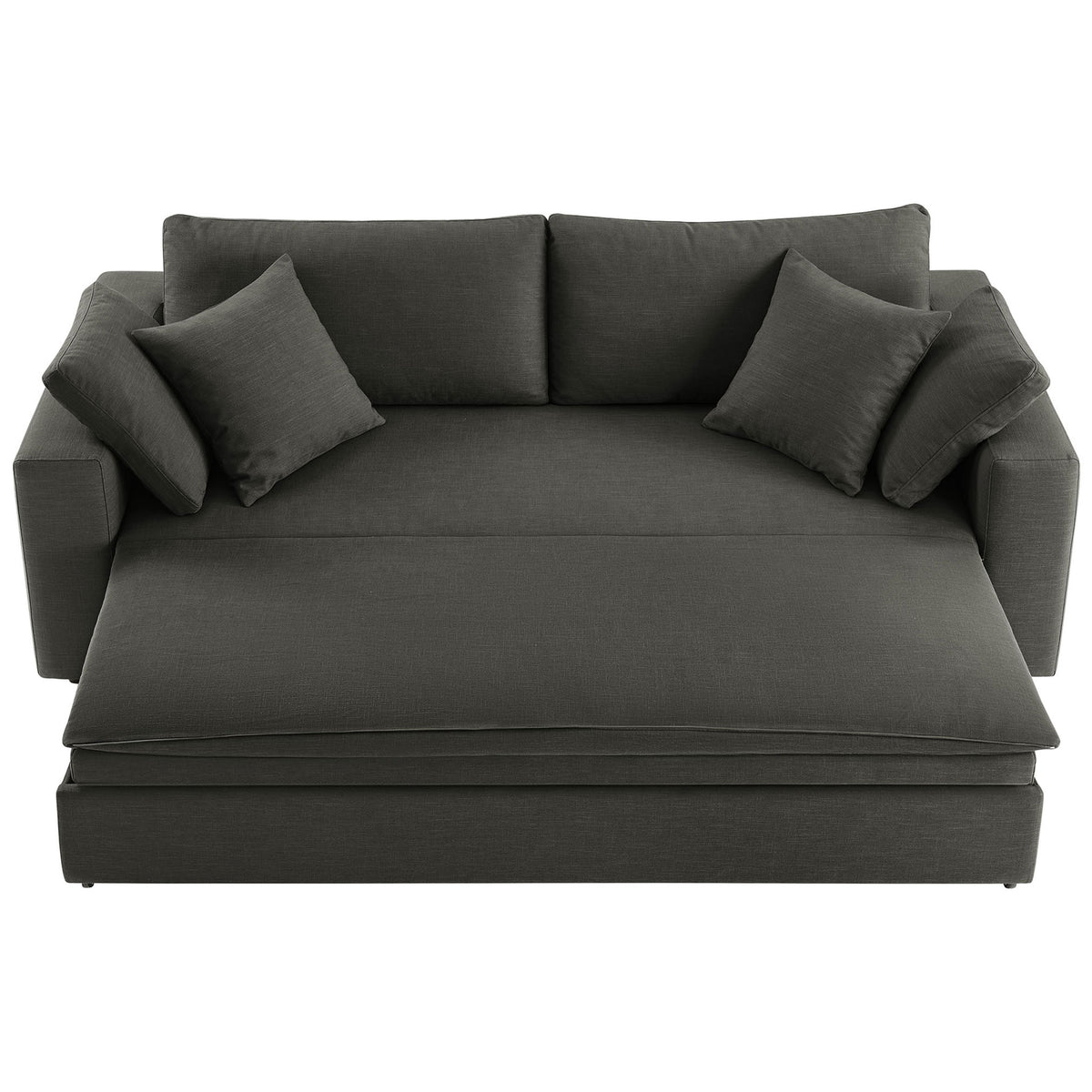 Deep gray sleeper sofa with extended platform ready to convert into a spacious front_converted_studio