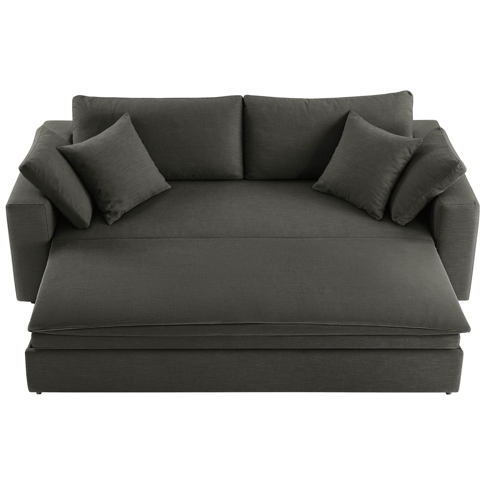 Deep gray sleeper sofa with extended platform ready to convert into a spacious front_converted_studio