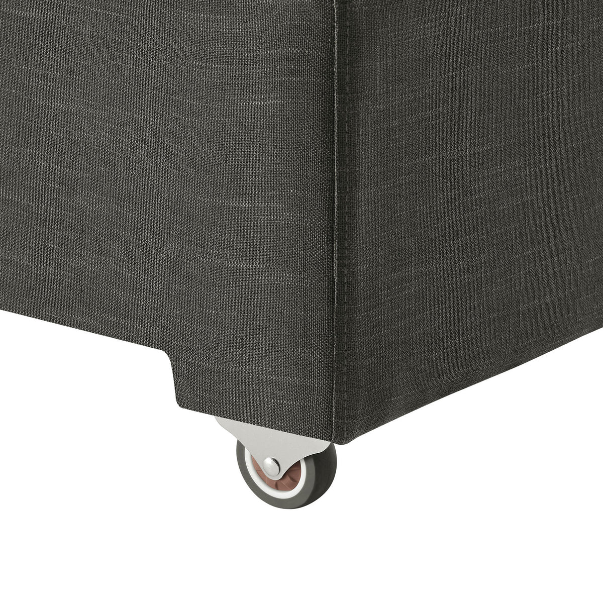 Close-up of hidden caster wheel beneath gray sleeper sofa for smooth pull-out operation || EEI-7080-GRY || leg_studio
